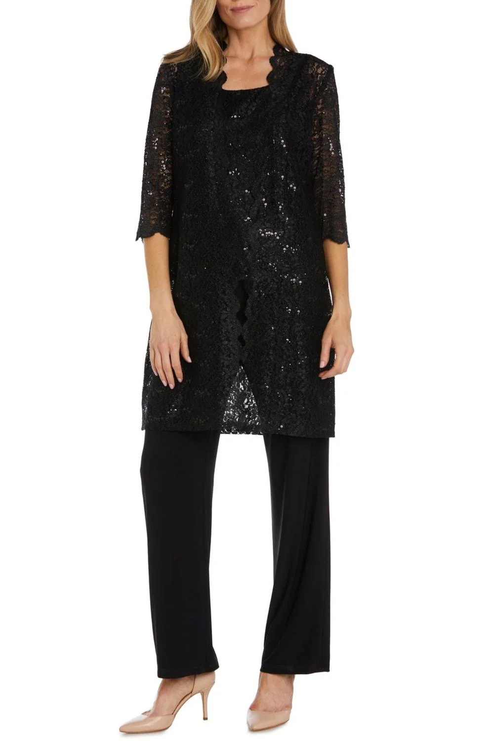 Lace 3/4 Sleeve 3-Piece Pants Set In Black