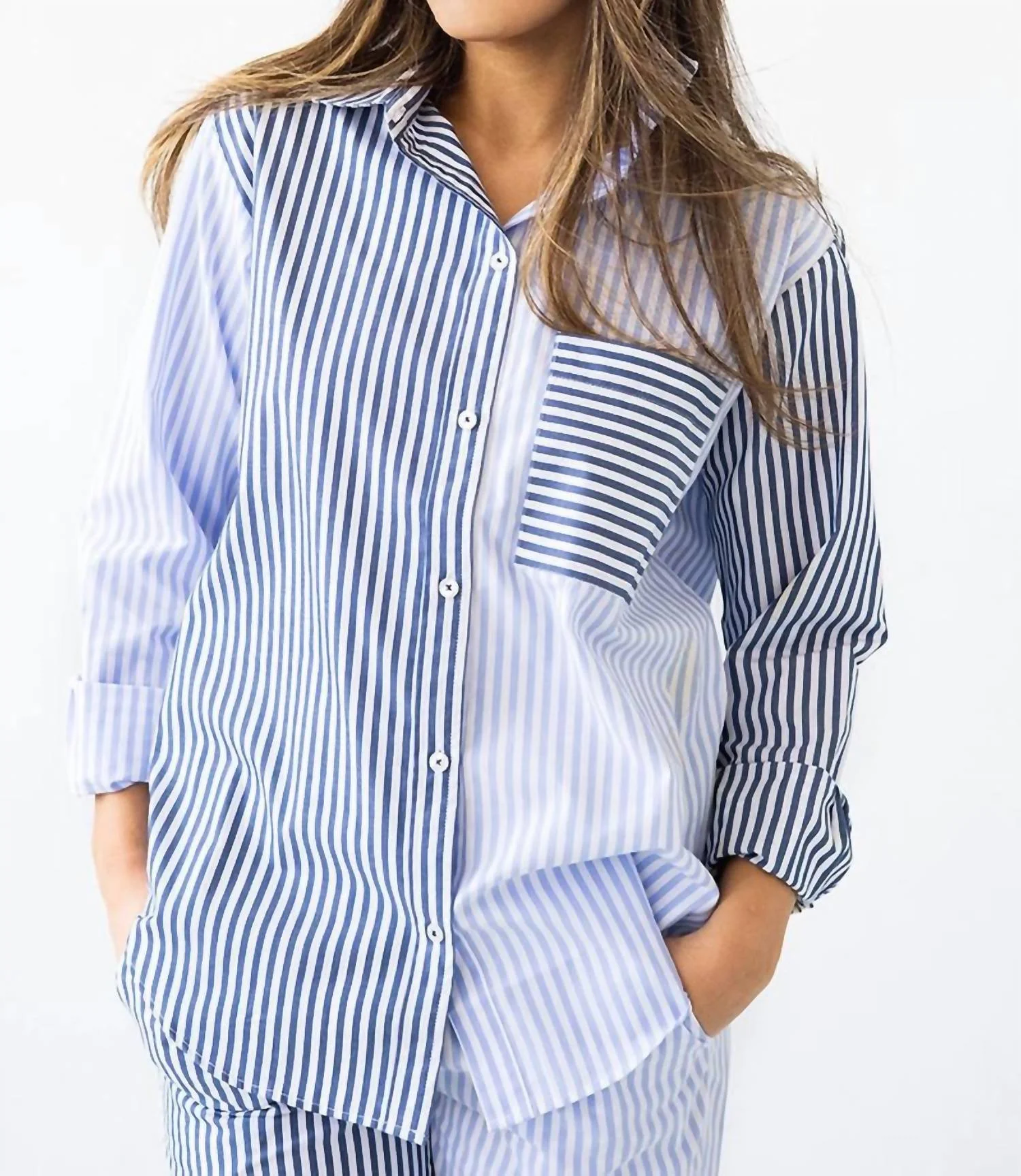 2 Pc Stripe Pj Set In Light Blue Navy