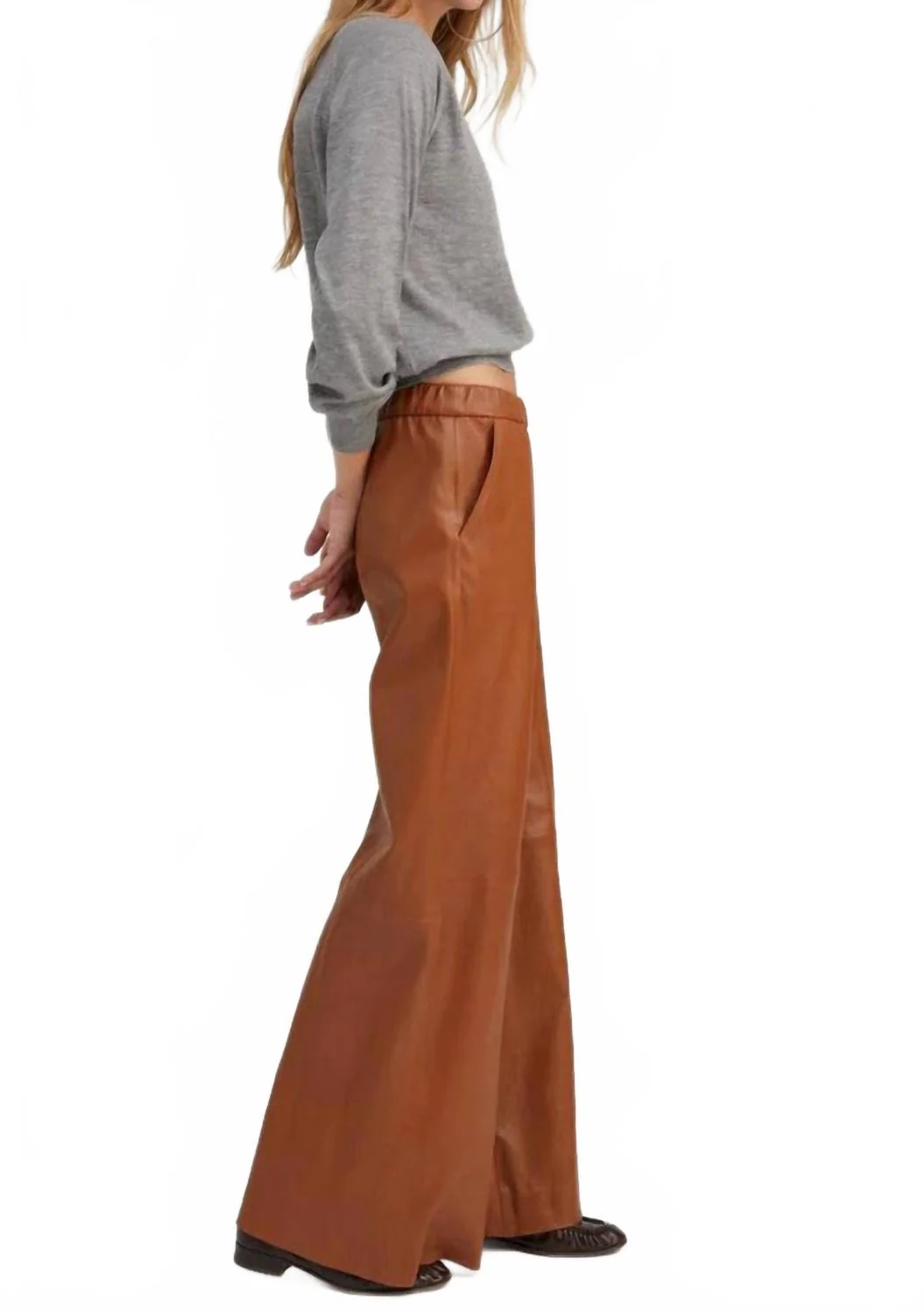 Stretch Leather Wide Leg Pants In Chestnut