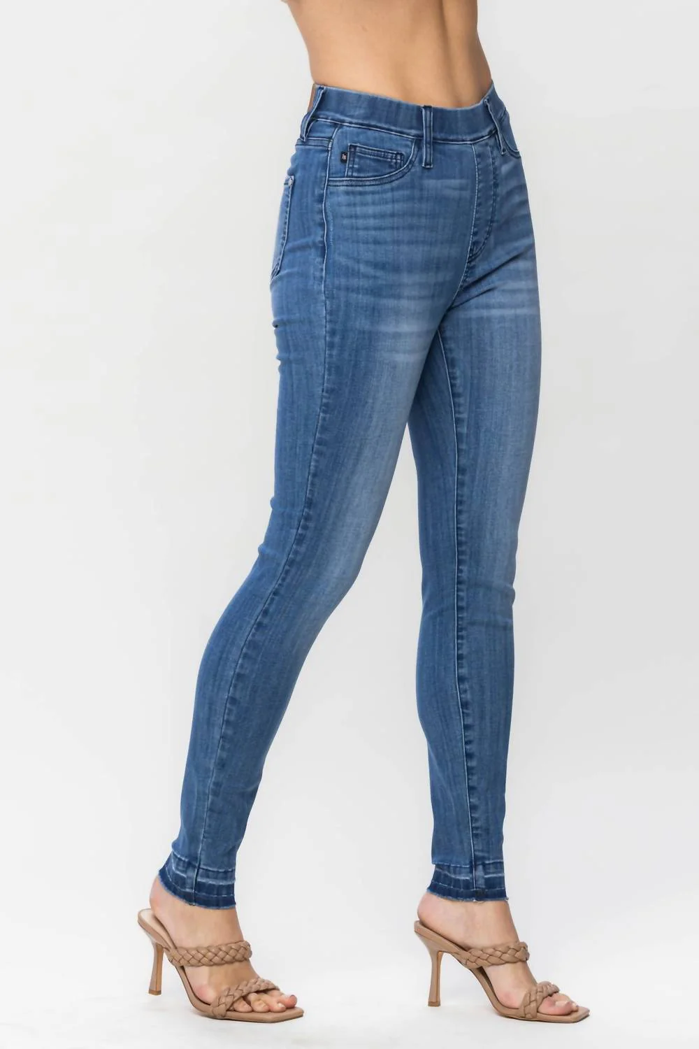 High Waist Release Hem Pull On Skinny In Blue