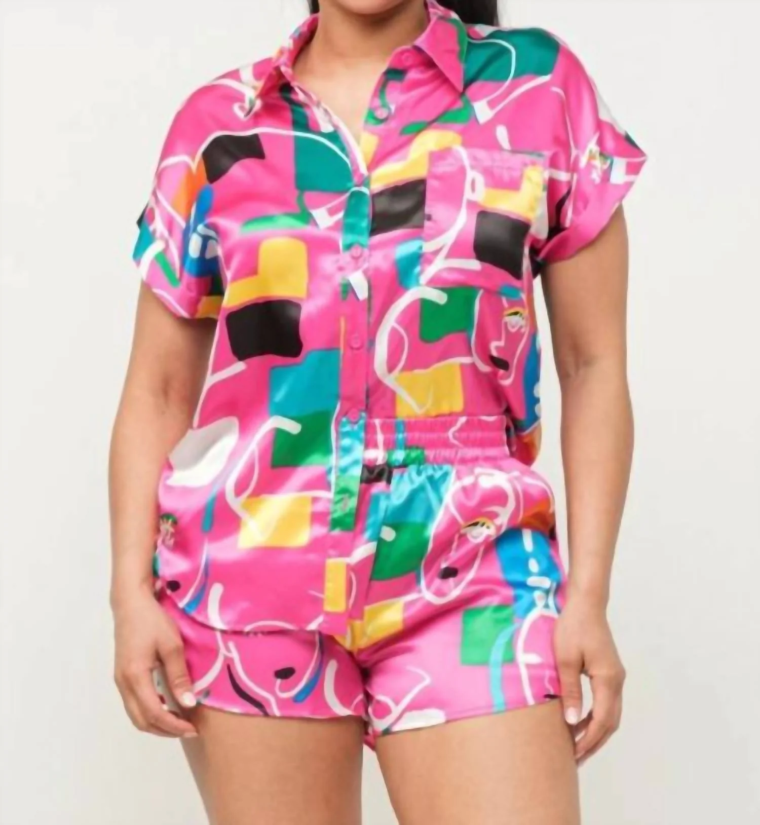 Satin Dolman Print Top And Shorts Set In Fuschia