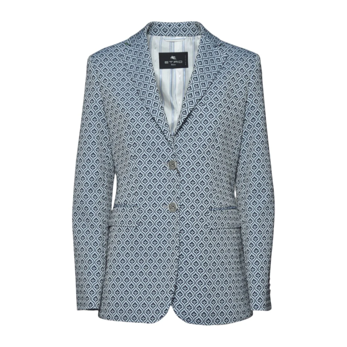 Single-Breasted Blue Jacquard Jacket With Medallion Motif