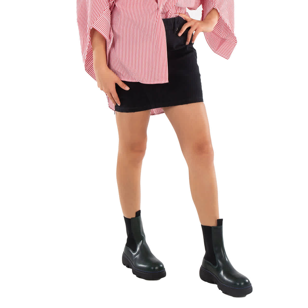 Balenciaga Ladies Peach Pitch Black Upside-Down Denim Miniskirt