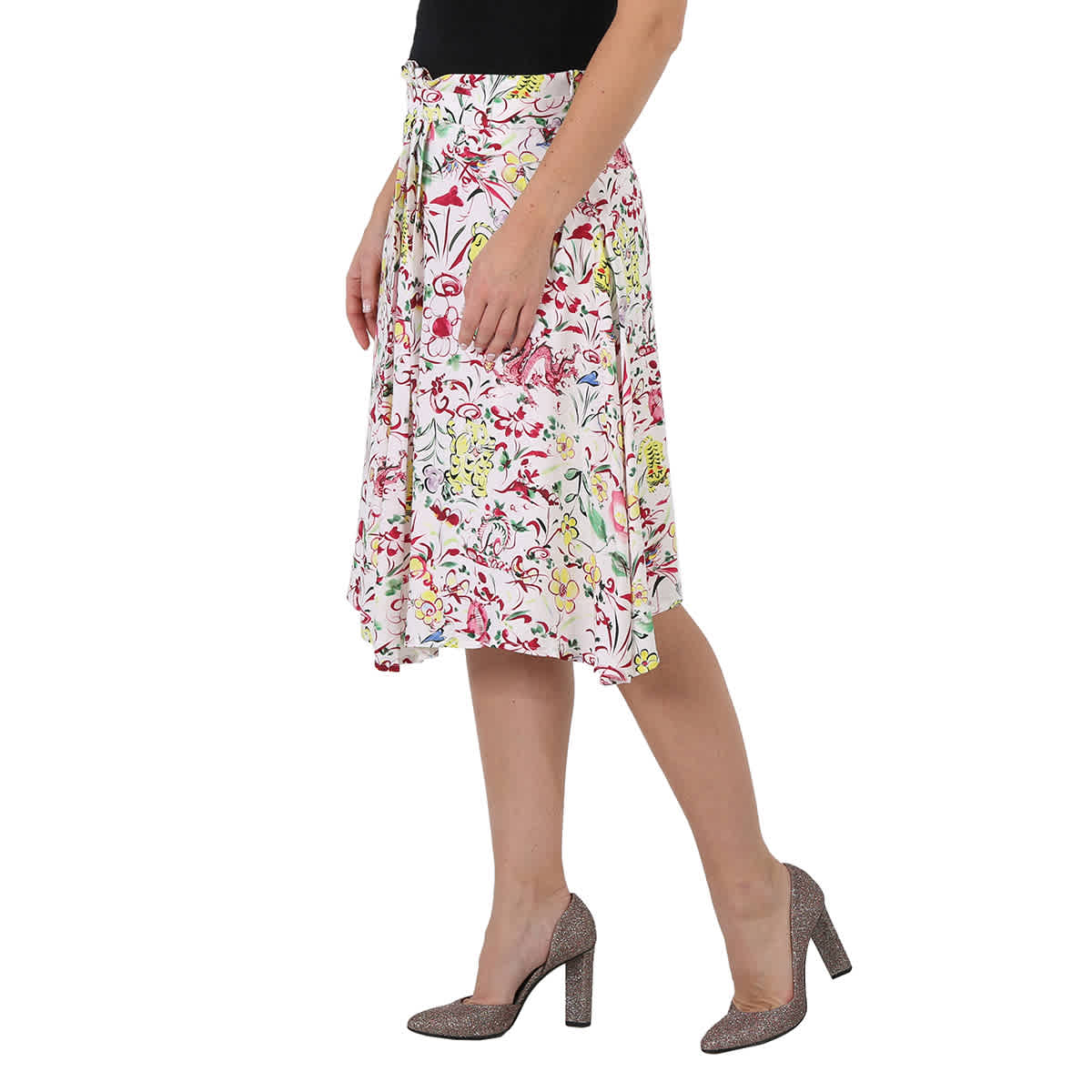Kenzo Ladies Multicolor Floral Paint Print Asymmetric Gathered Skirt