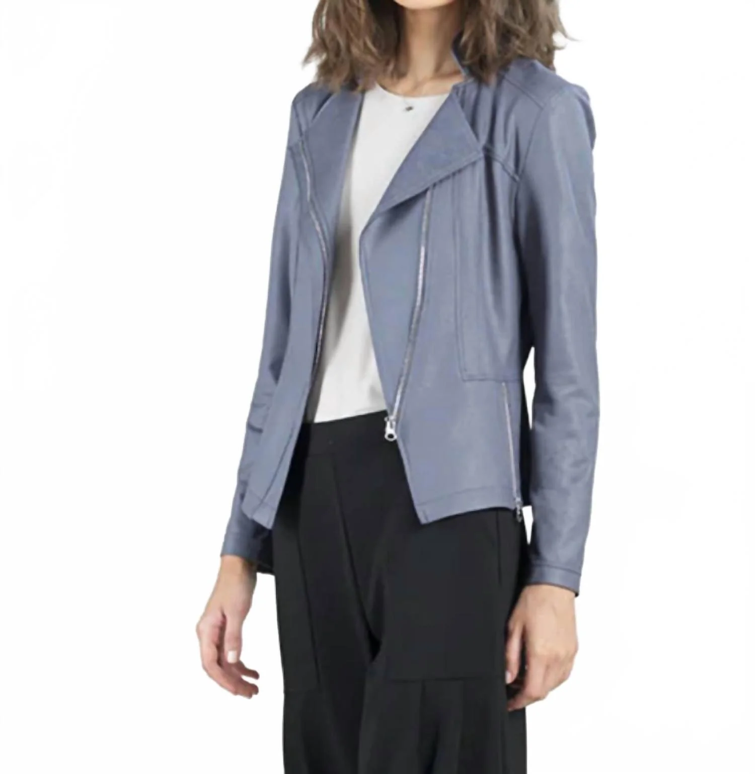 Liquid Leather Stretch Knit Signature Zip Hem Jacket In Charcoal