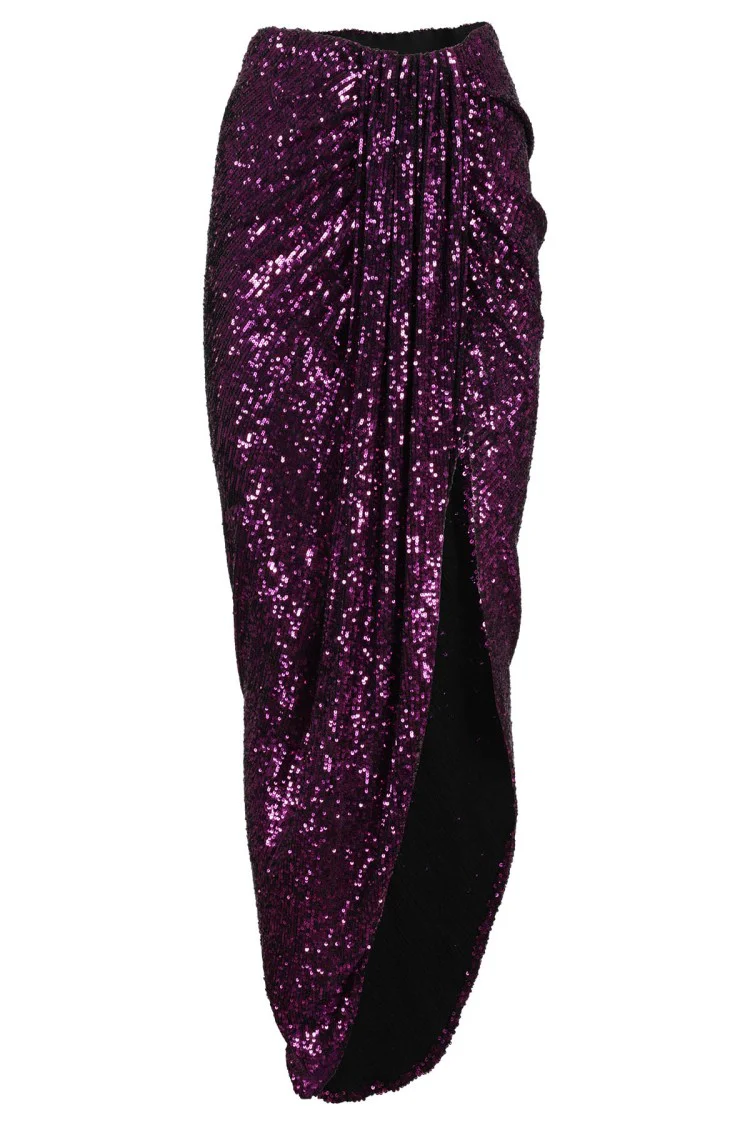 Sequined Purple Midi Skirt With Front Knot