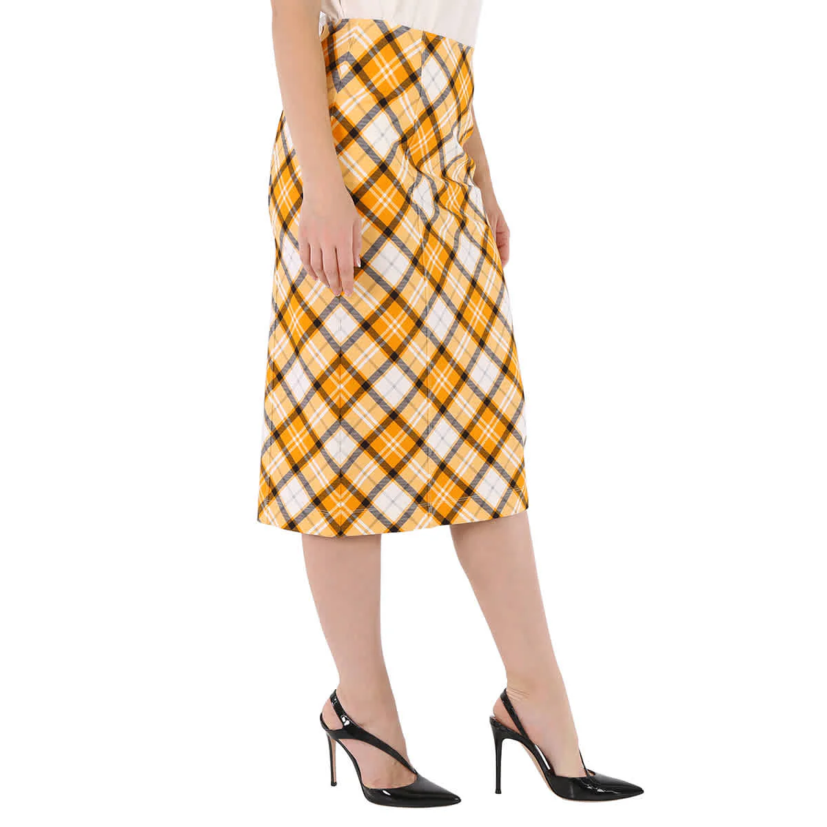 Burberry Ladies Citrus Orange Check Print Stretch Jersey Pencil Skirt