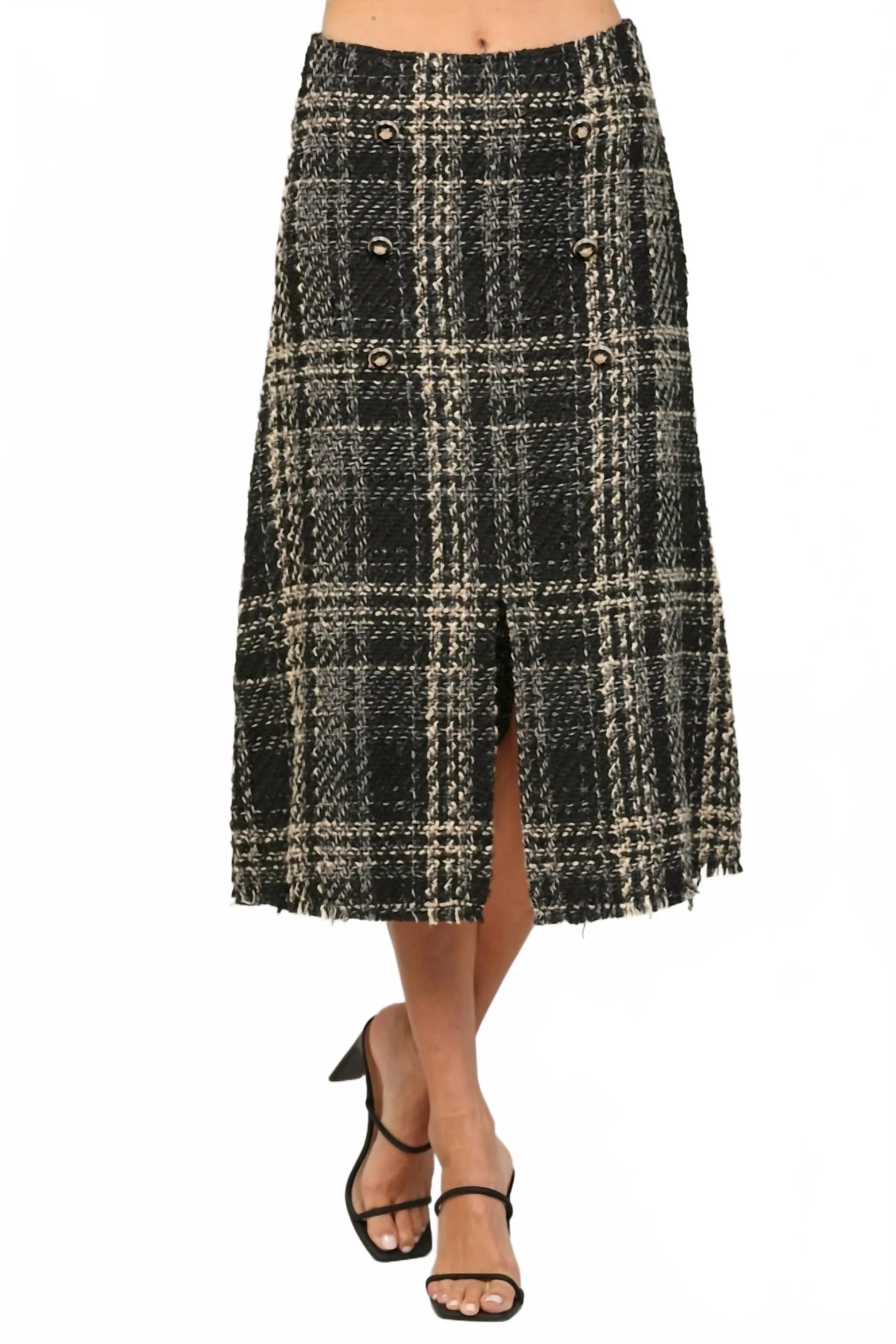 Tweed Button Front Midi Skirt In Black