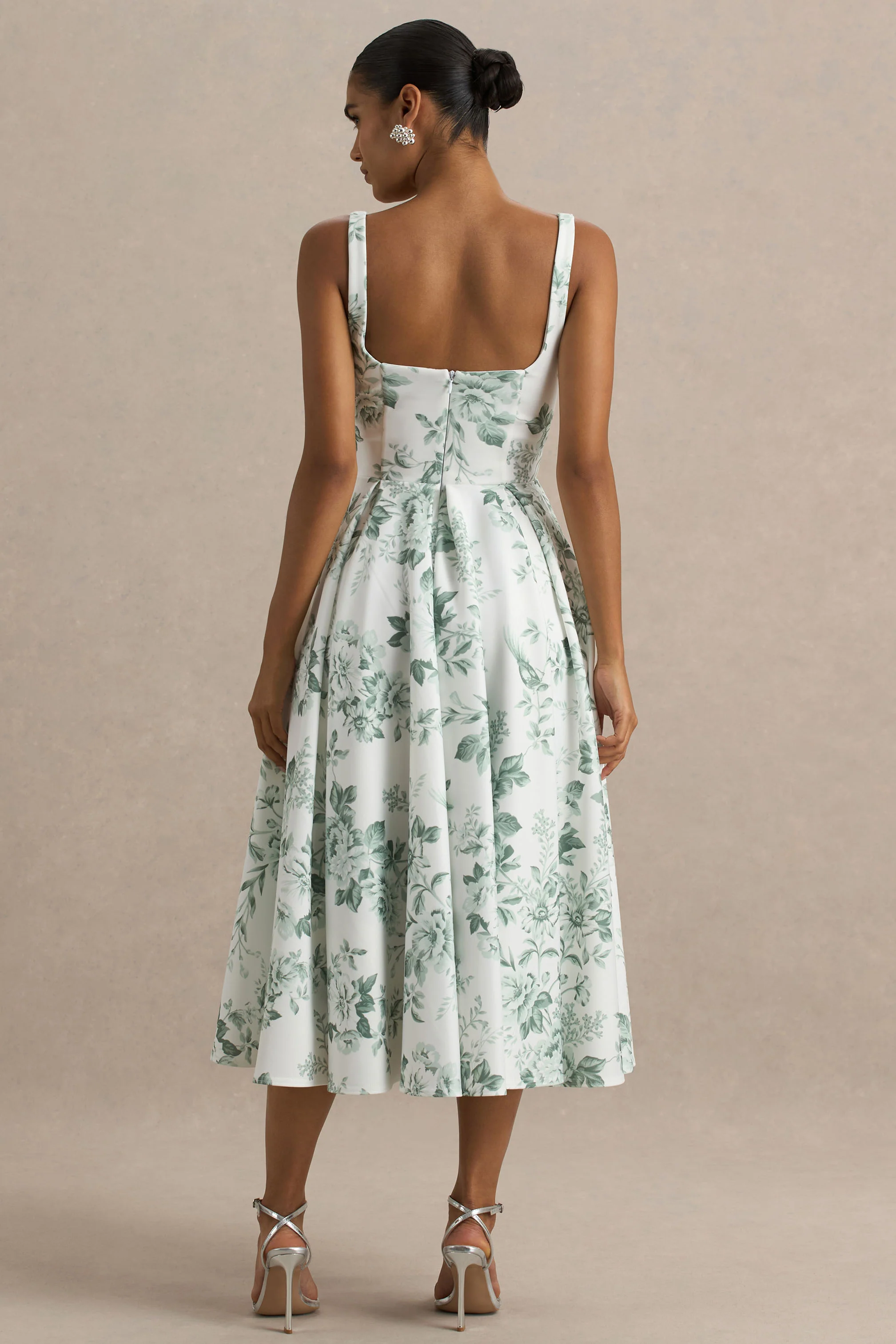Lissa | Green Porcelain Print Square-Neck Midi Dress