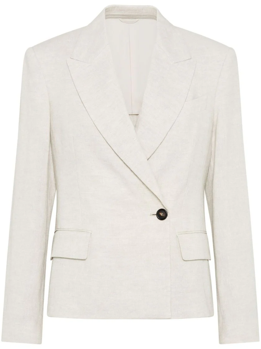 Double-Breasted Off-White Jacket With Notched Lapel