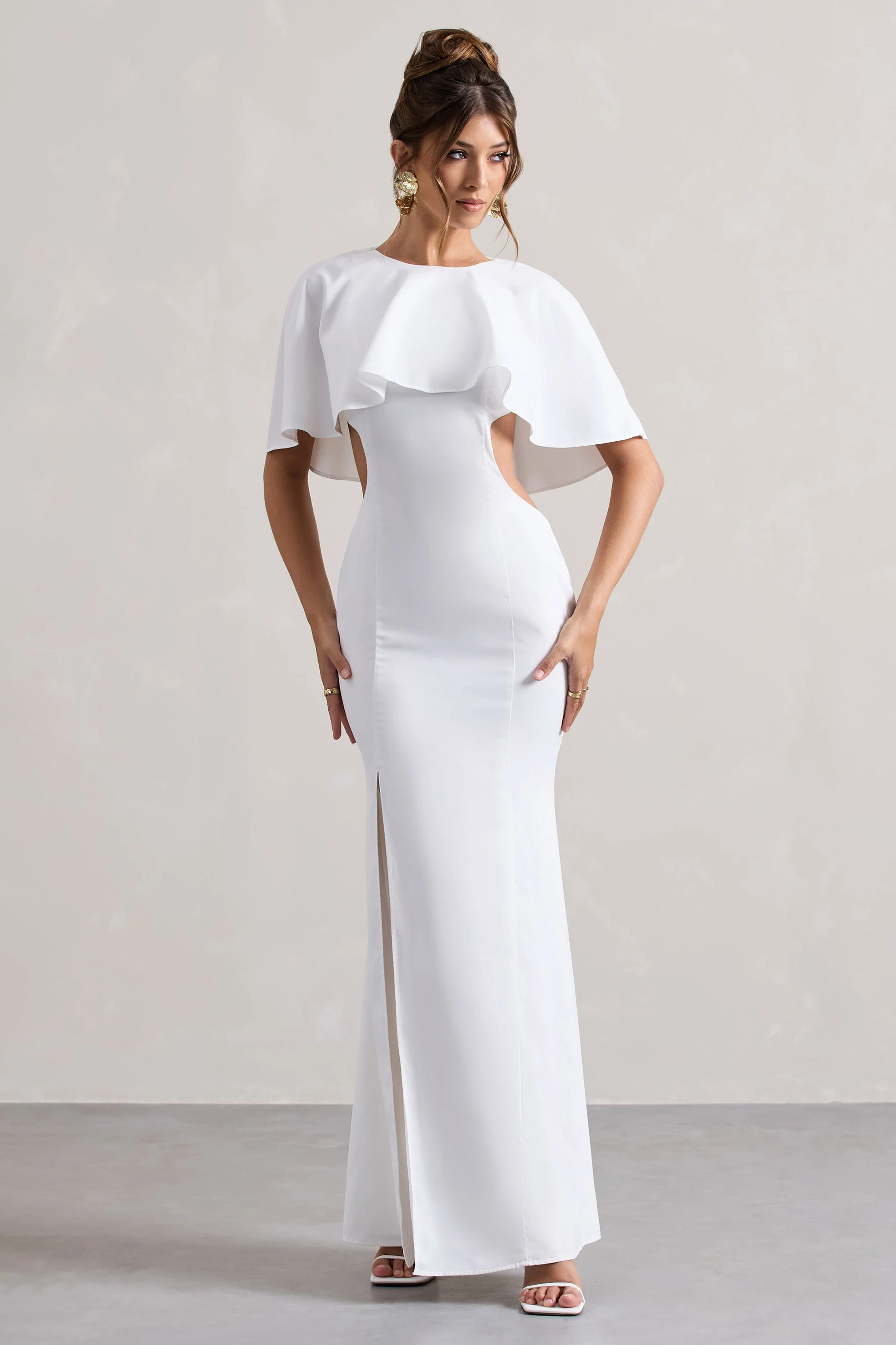 Isadora | Ivory Cut-Out Split Maxi Dress With Cape