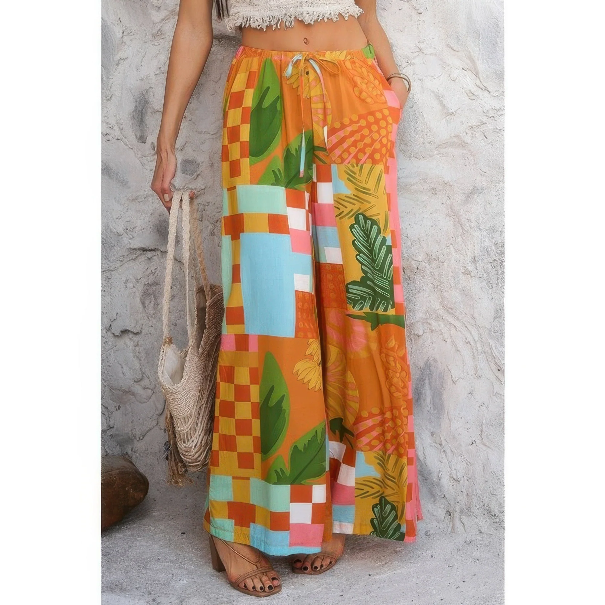 TRUEDAMES Allover Print Drawstring Pockets Wide Leg Pants