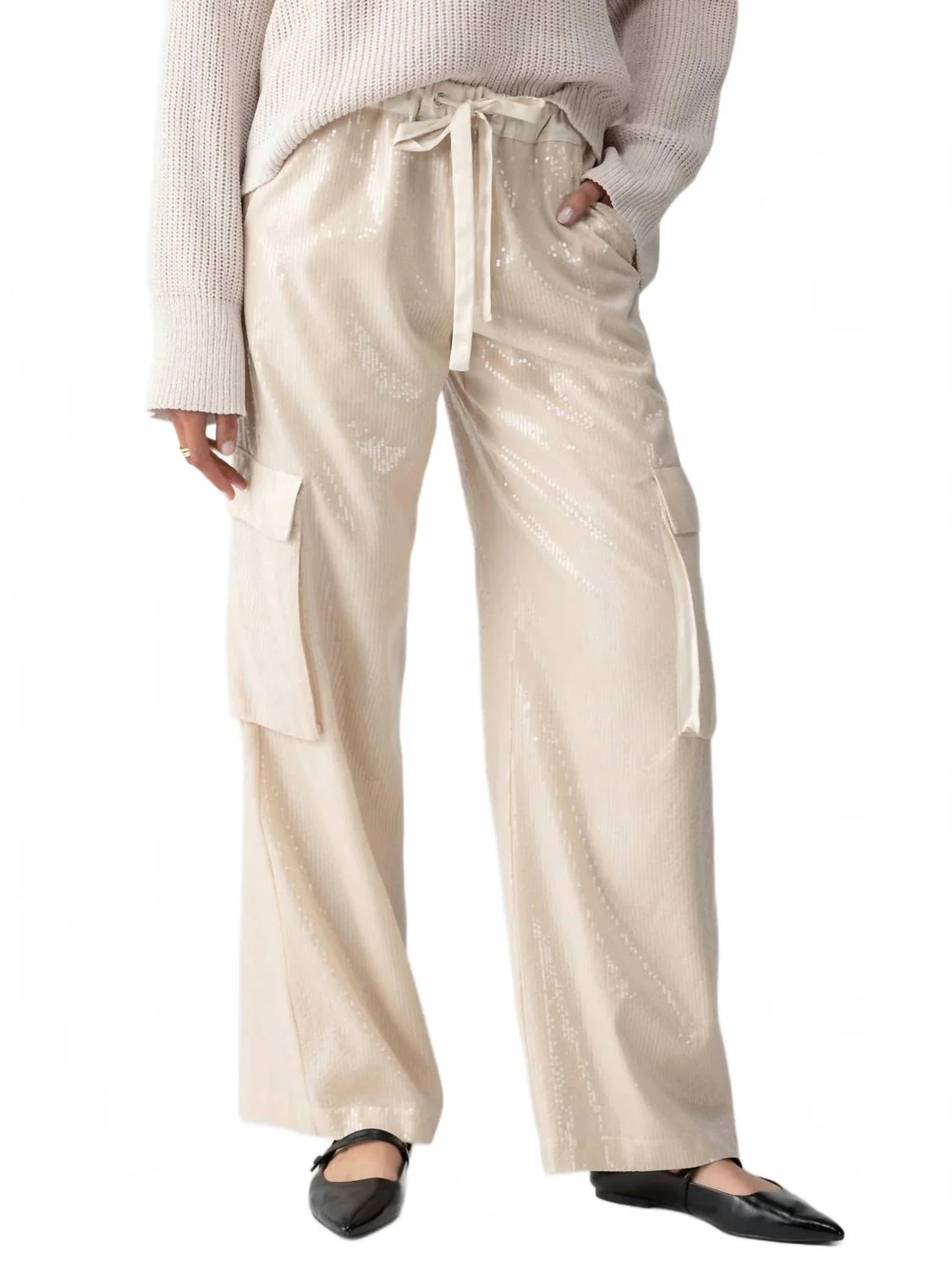Pull-On Sequin Cargo Pants In Frosted Almond