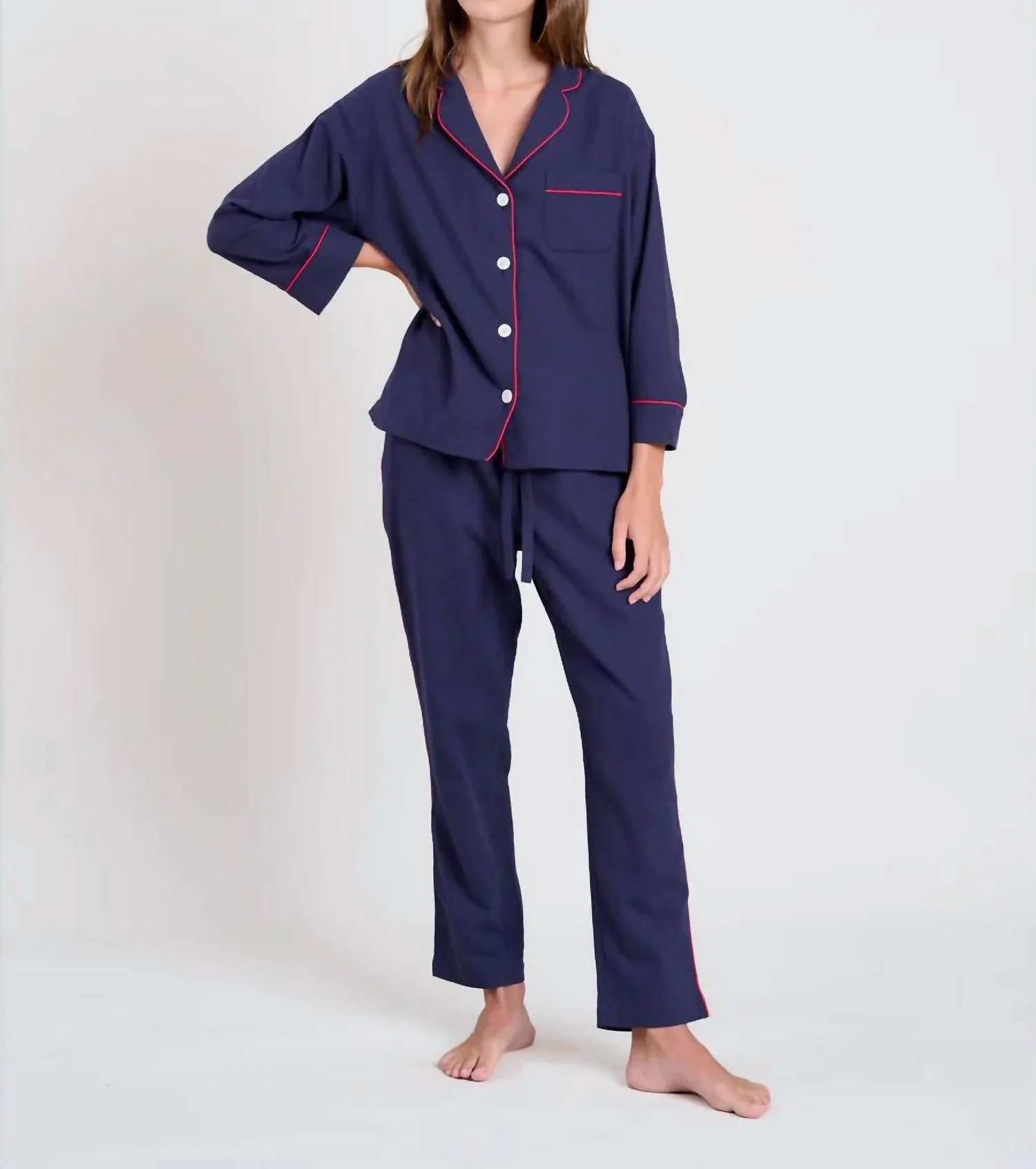 Marina Pajama Set In Navy Flannel/red Piping