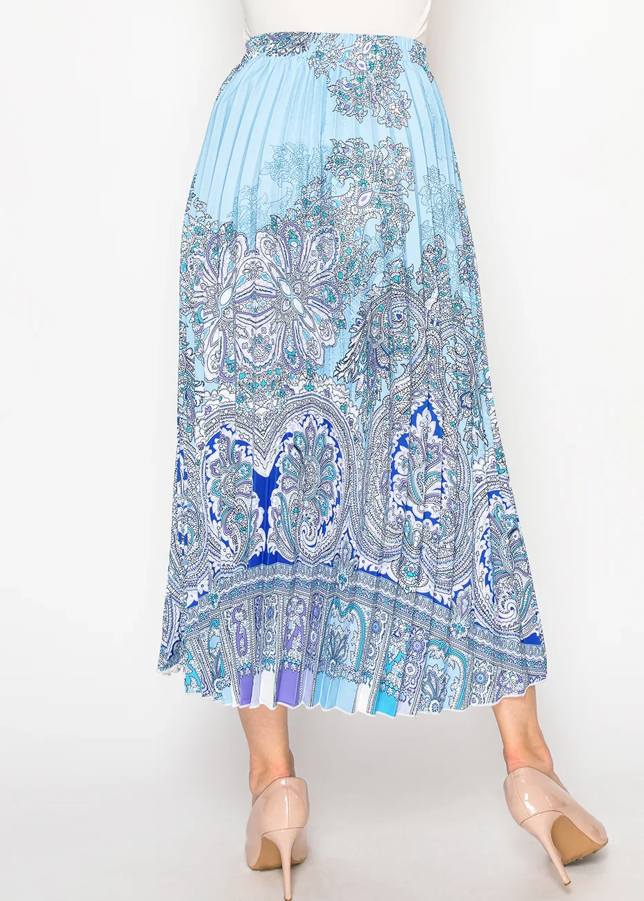 Sky Blue Ornamental Pleated Skirt