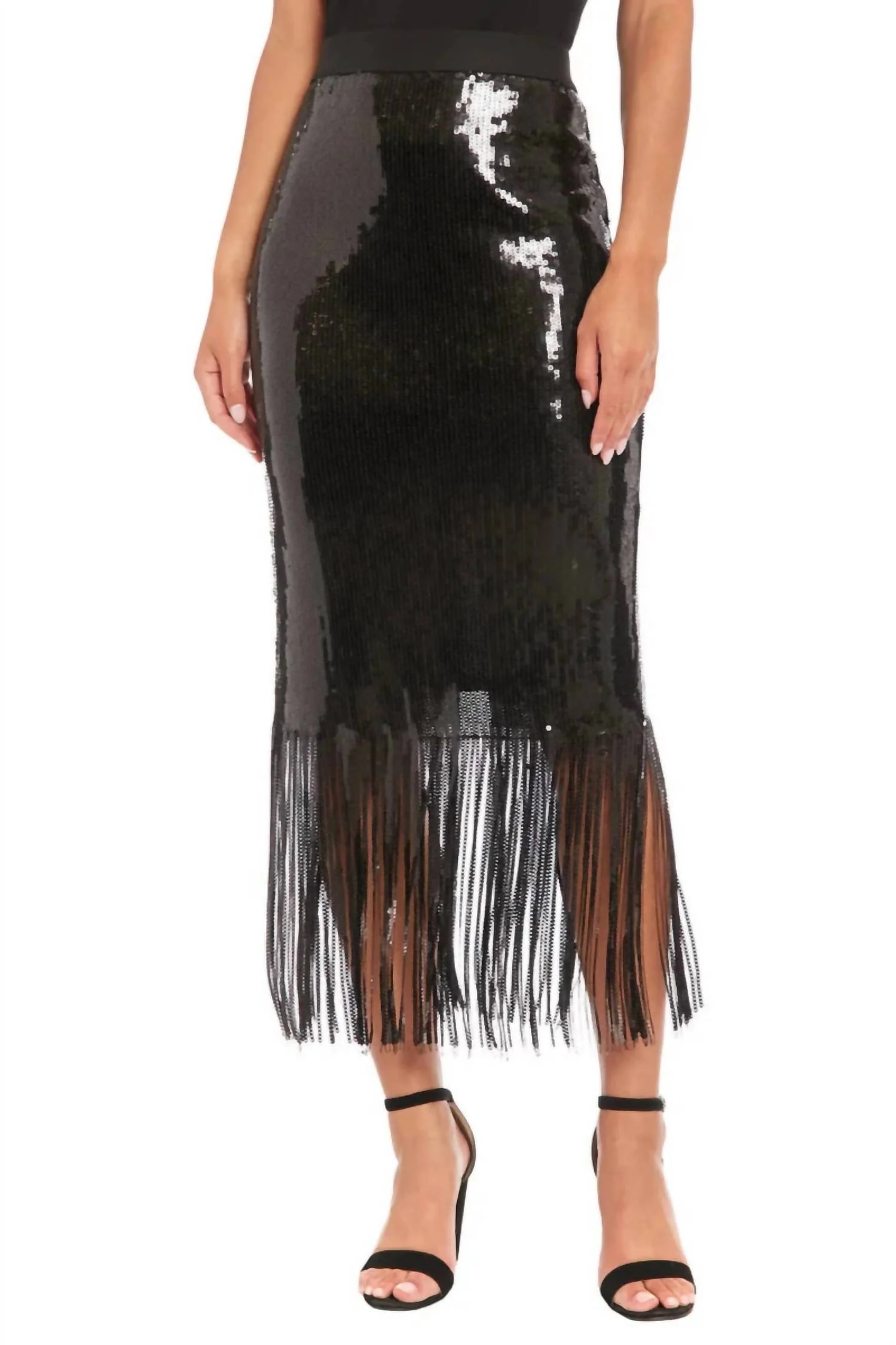 Chelsea Sequin Fringe Skirt In Black
