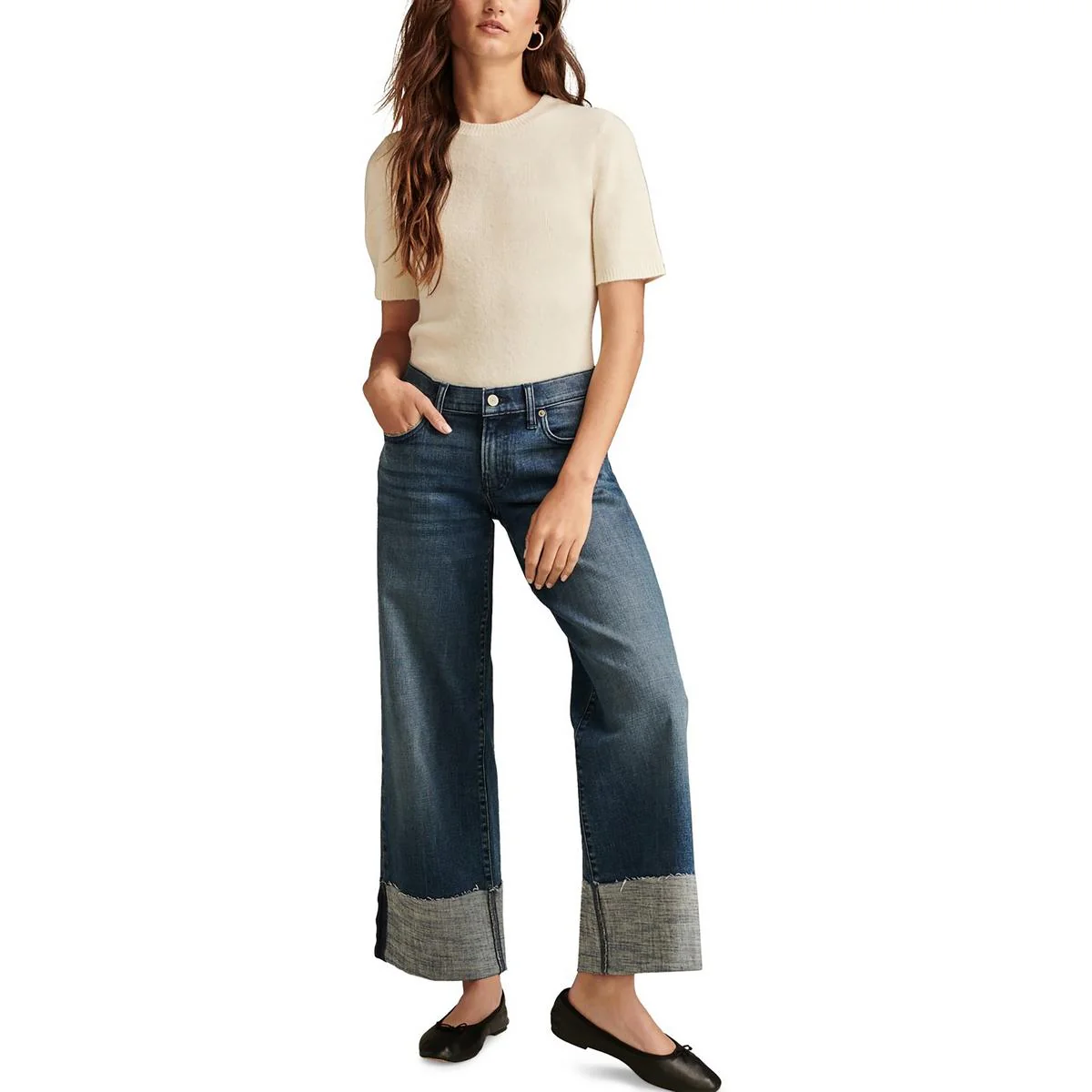 Womens Cuffed Denim Wide Leg Jeans