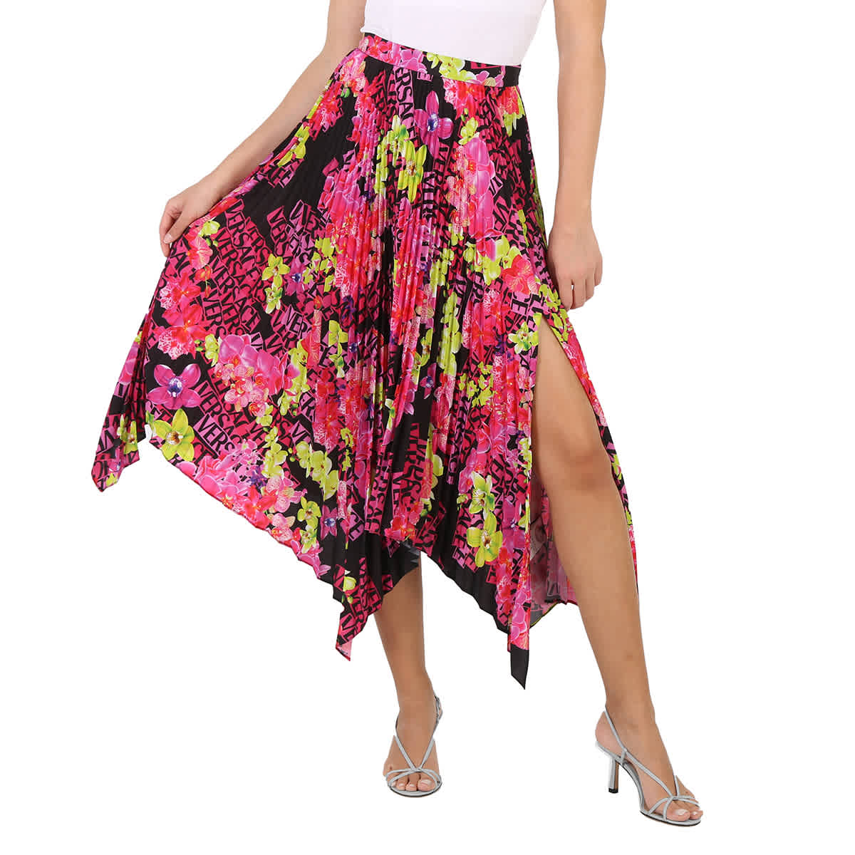 Versace Orchid Print Pleated Crepe De Chine Midi Skirt