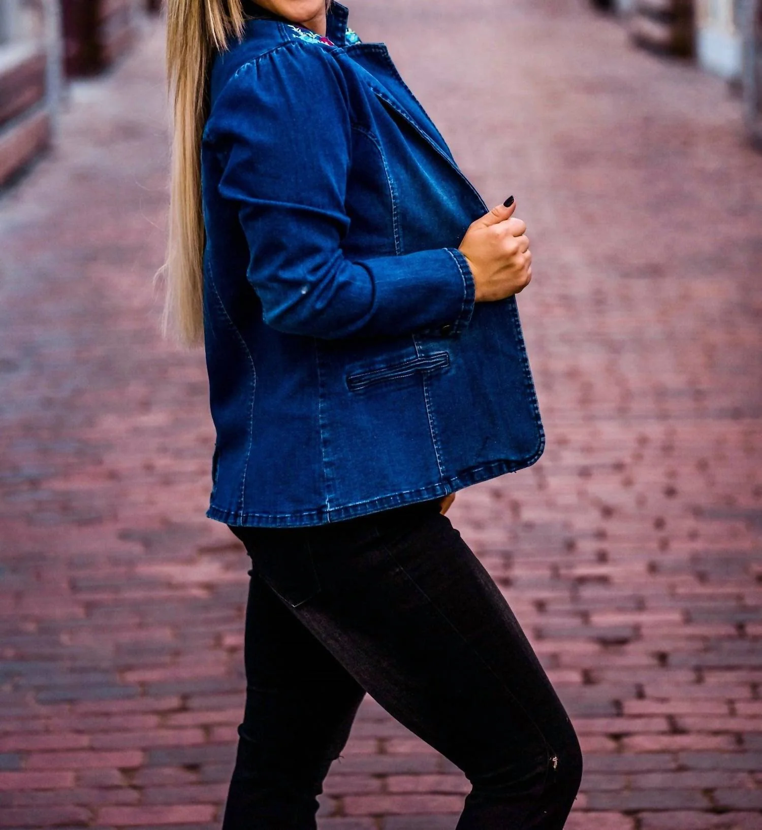 Denim Embroidered Blazer In Blue