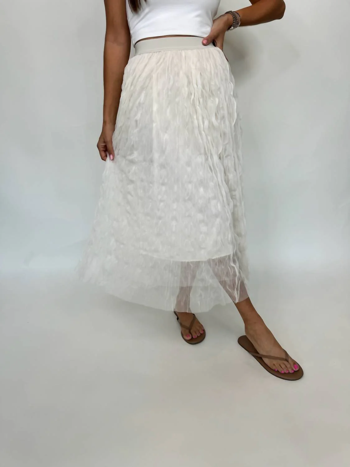 Chiffon Crinkled Midi Skirt In Ivory