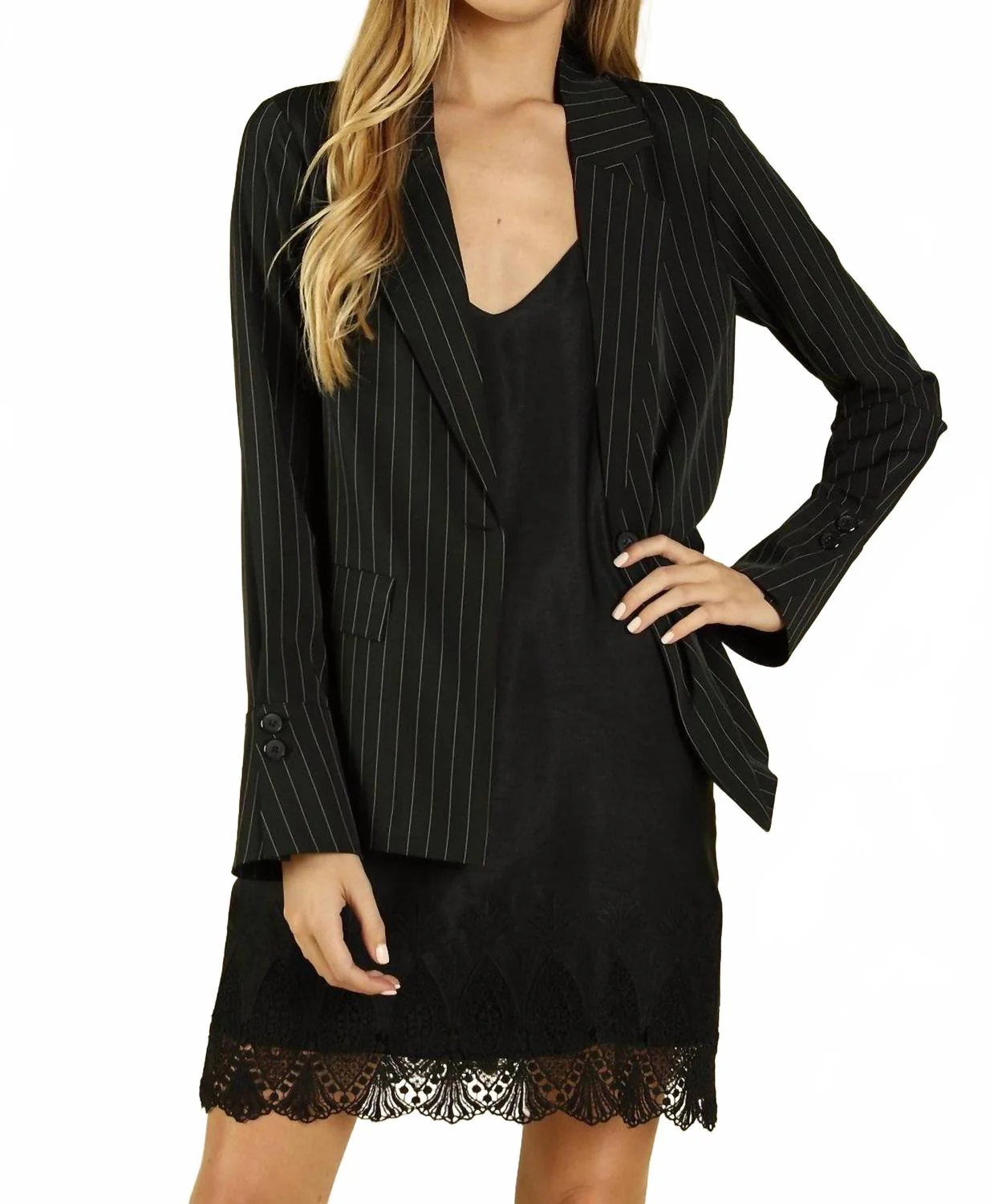 Power Hour To Happy Hour Striped Blazer In Black