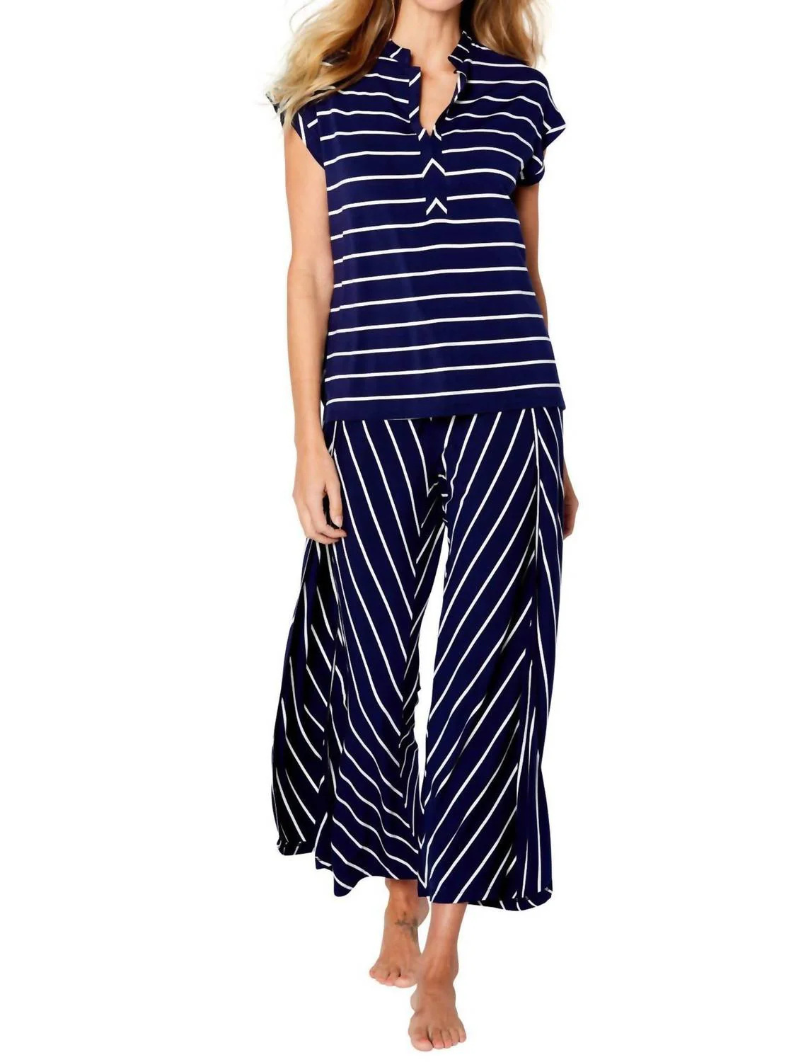 Marina Stripes Drop Shoulder Loungewear Set In Navy