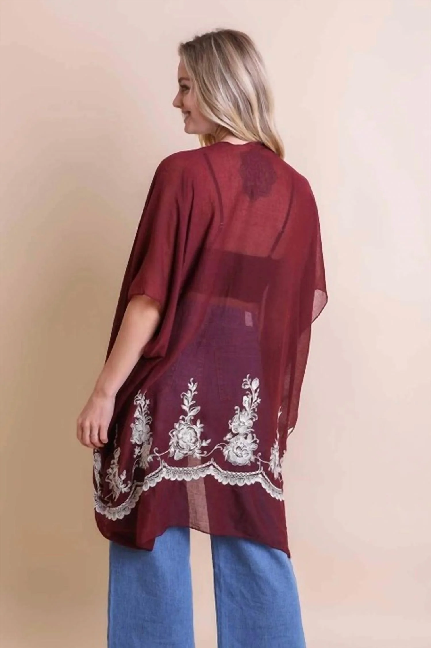 Lightweight Floral Embroidered Tassels Boho Festival Kimono Wrap In Rosewood