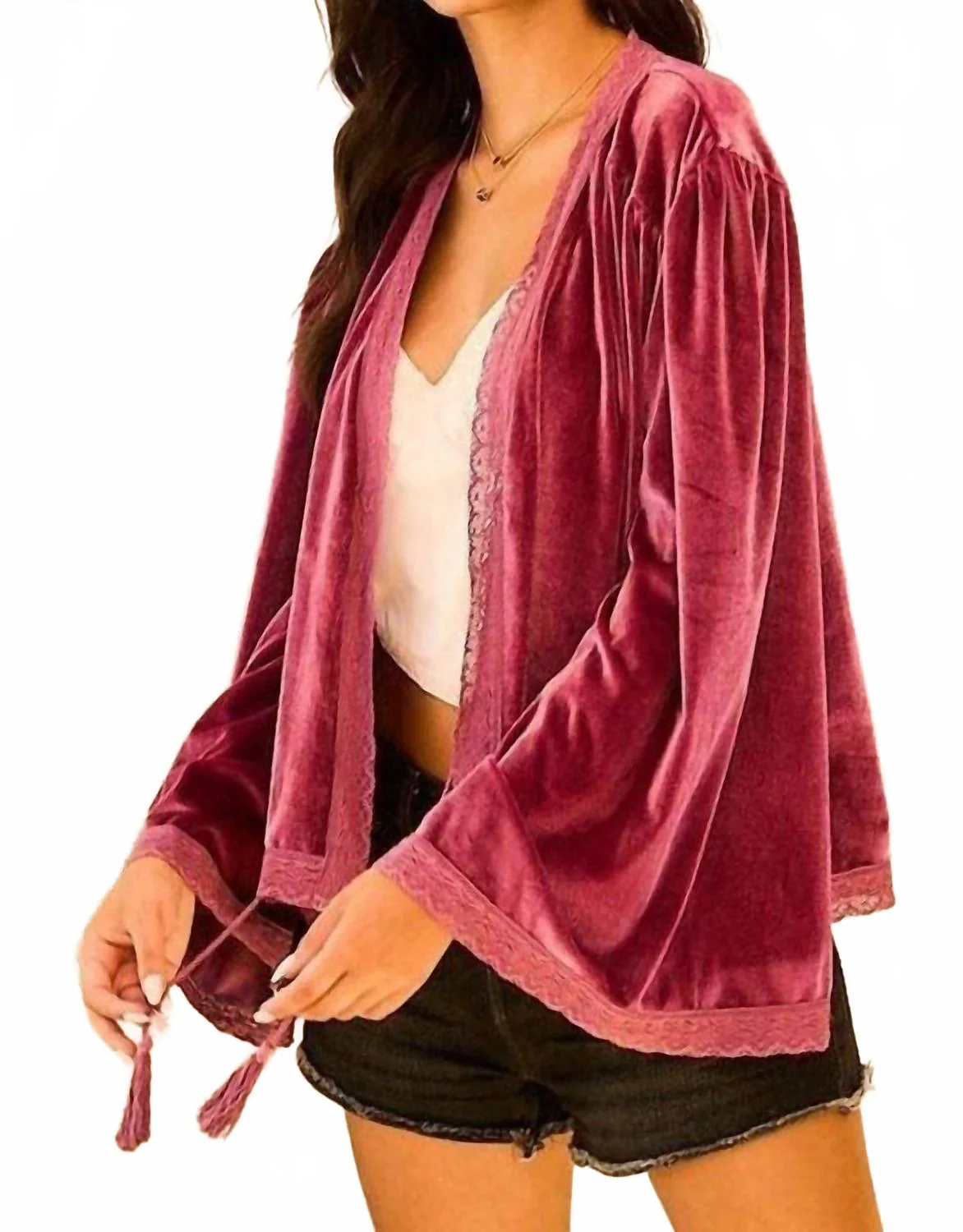 Tassel Trim Velvet Jacket In Plum