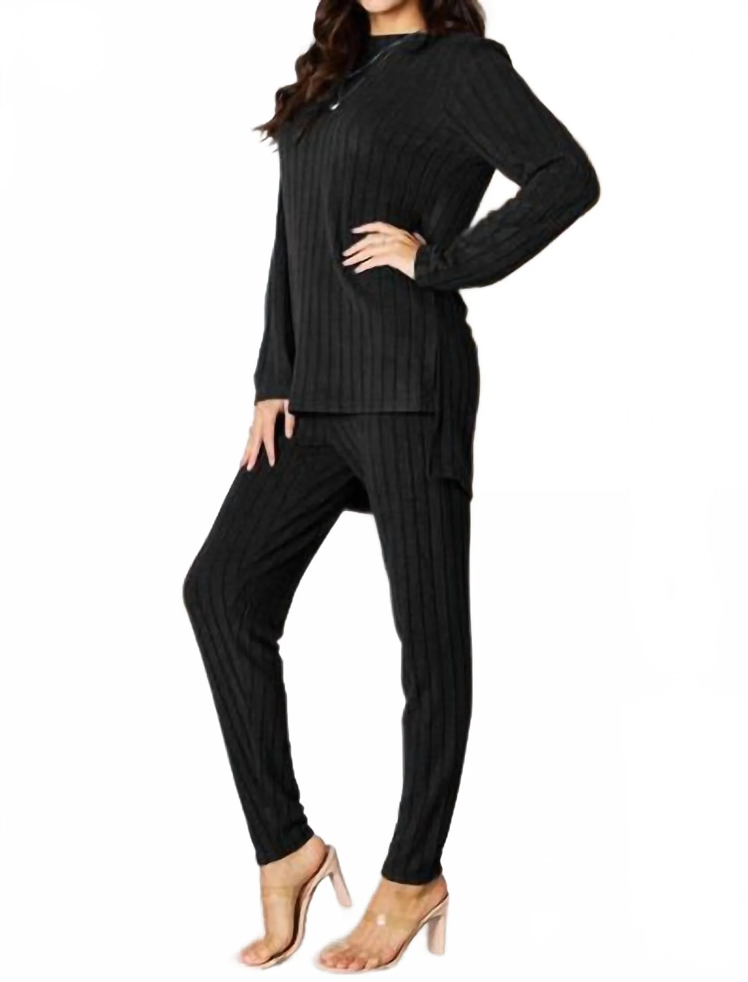 Ribbed High-Low Slit Top And Pants Set In Black