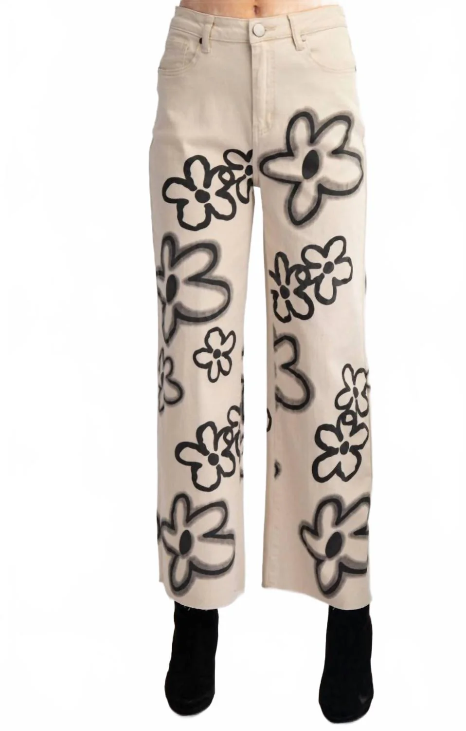 Women's Stone Flower Jean In White/black