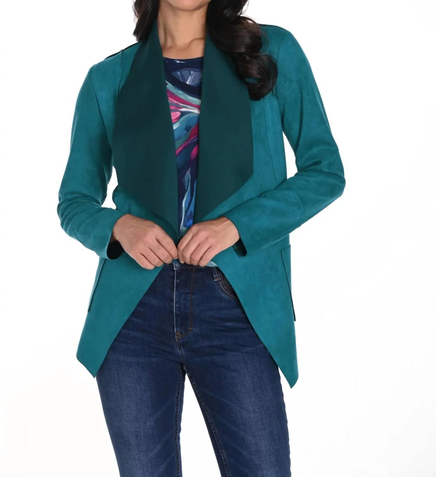 Faux Suede Knit Jacket In Teal