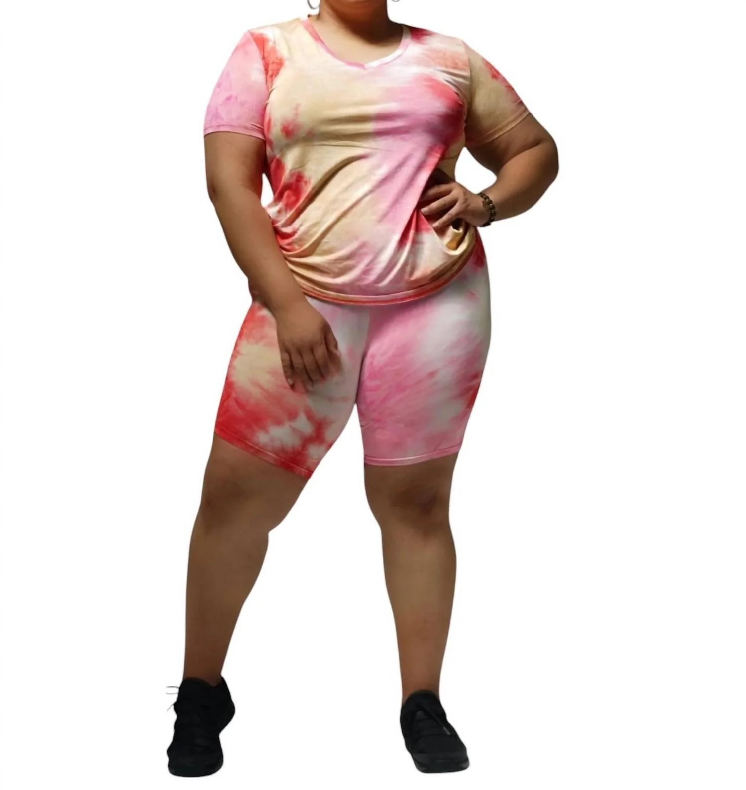Tie Dye V-Neck Short Set In Coral Multi