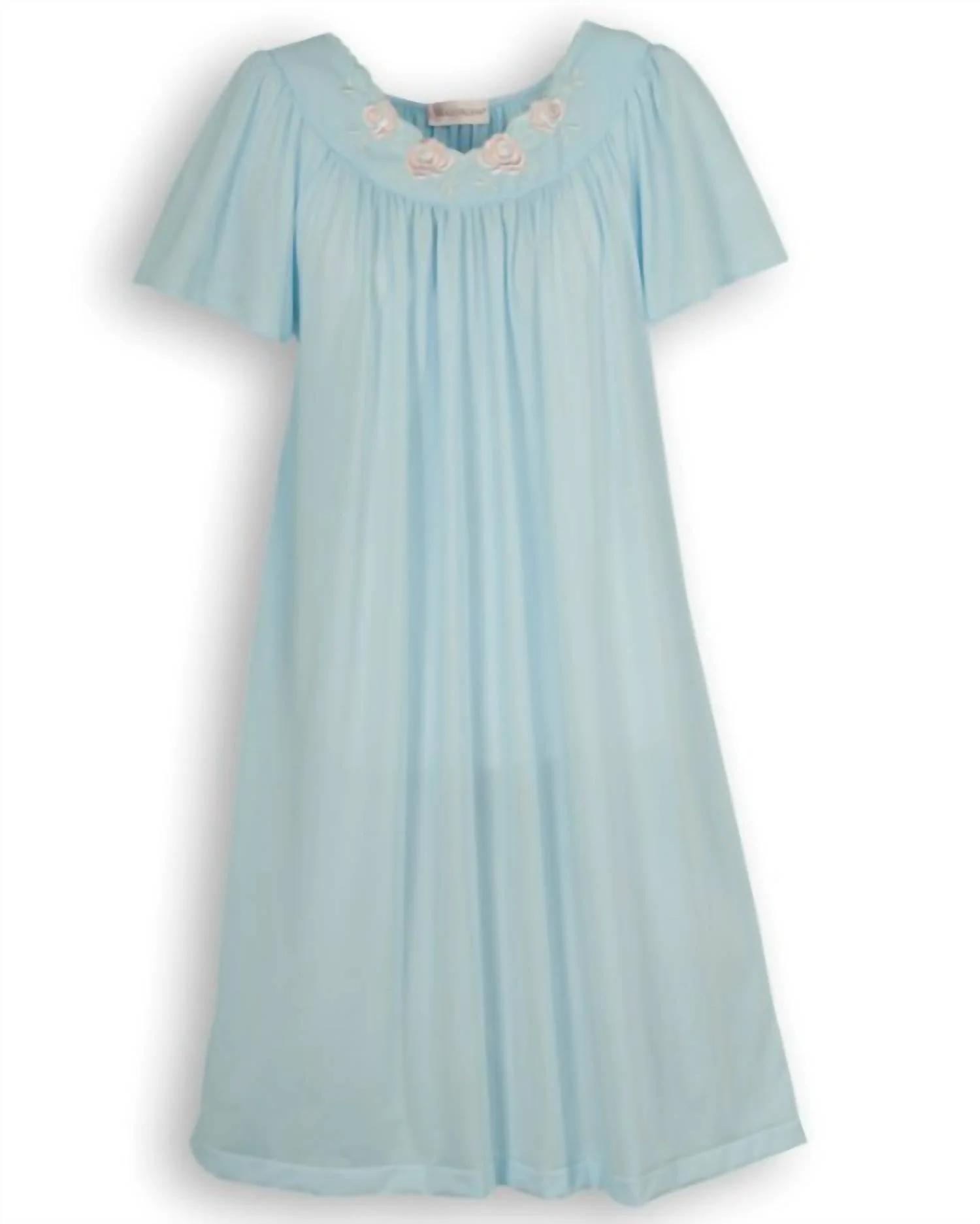 Women's Short Gown With Flower Petal Embroidery And Flutter Sleeves In Blue