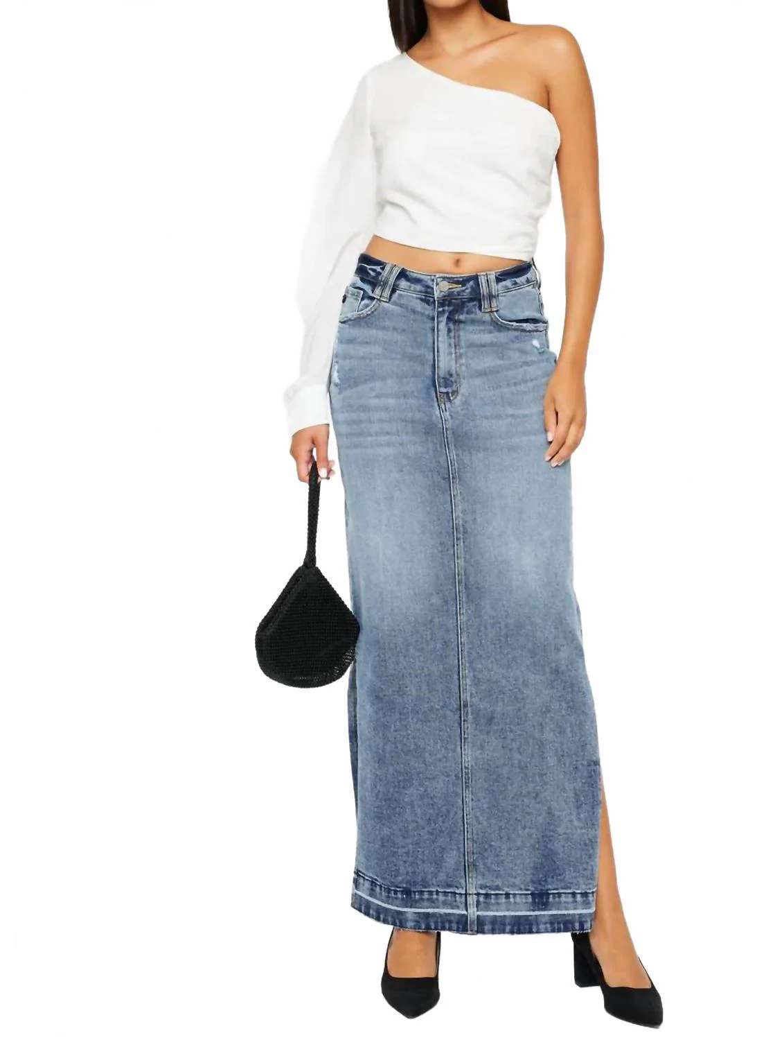Tracy Maxi Denim Skirt In Medium Wash