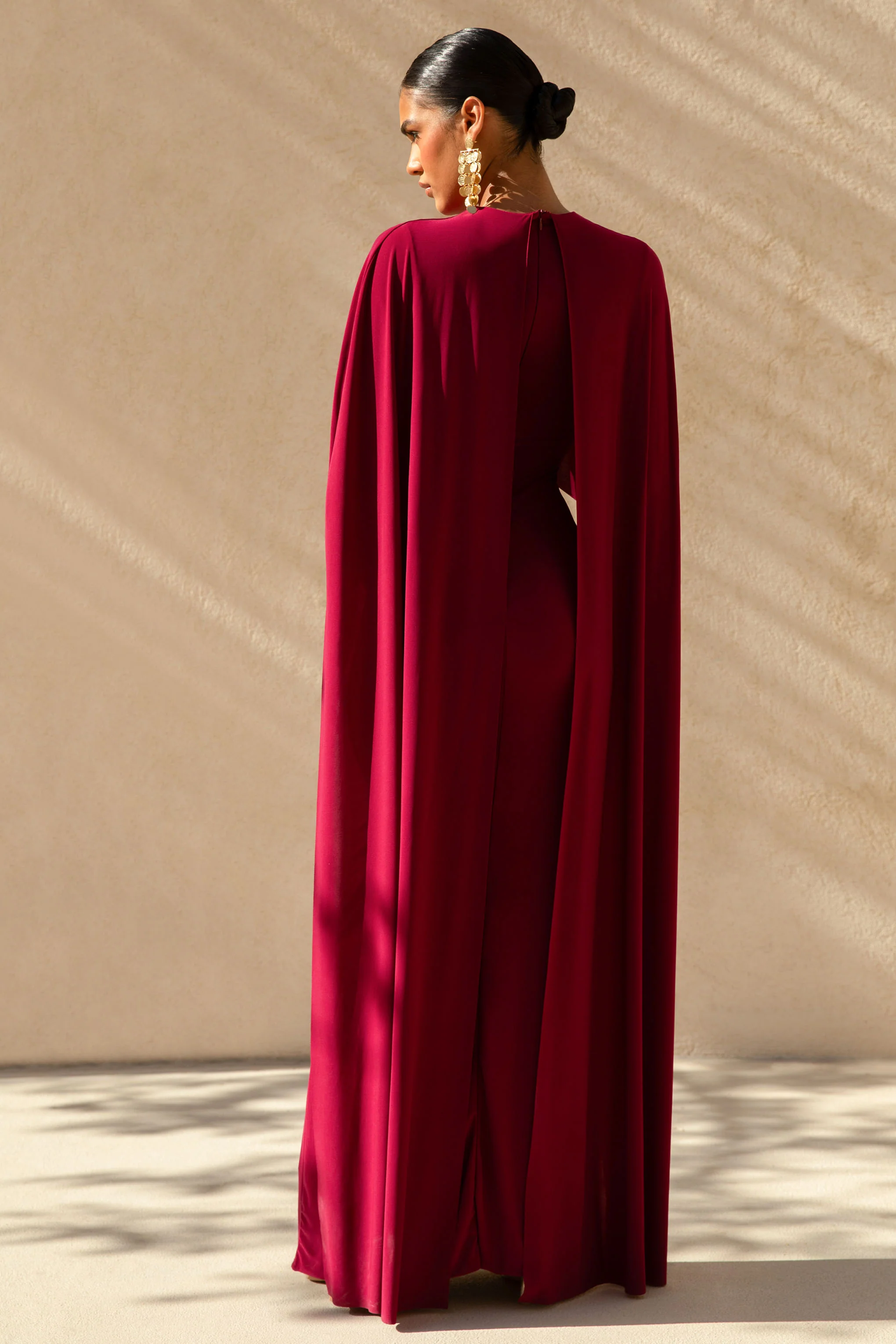 Belinda | Burgundy Draped Maxi Dress With Cape Sleeves