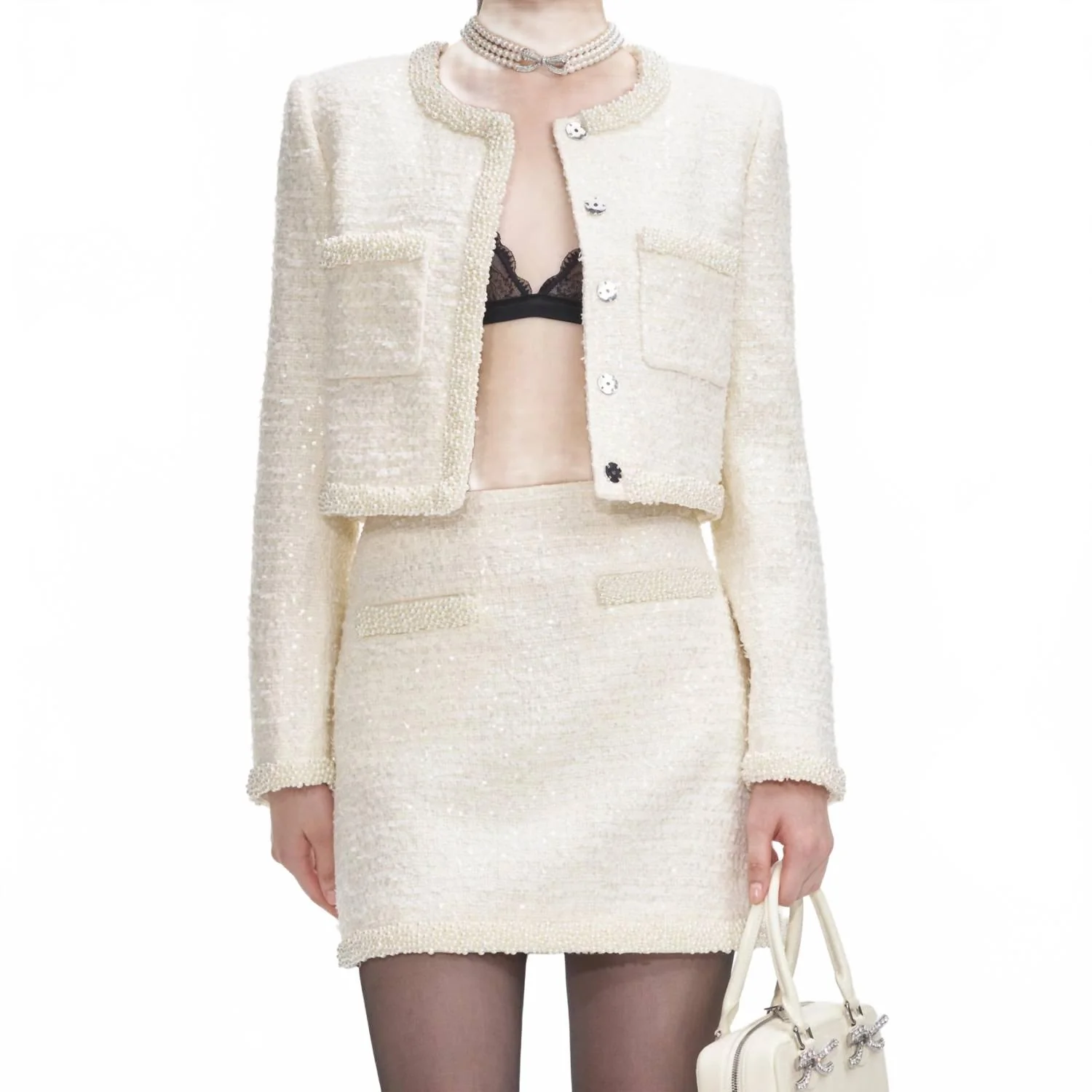 Boucle Pearl Trim Mini Skirt In Cream