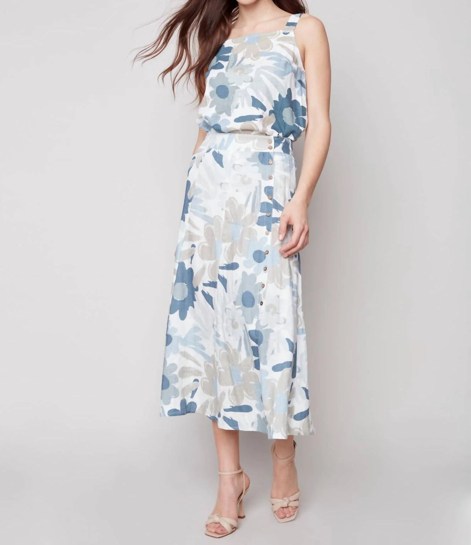 Printed Linen Long Skirt In Basil