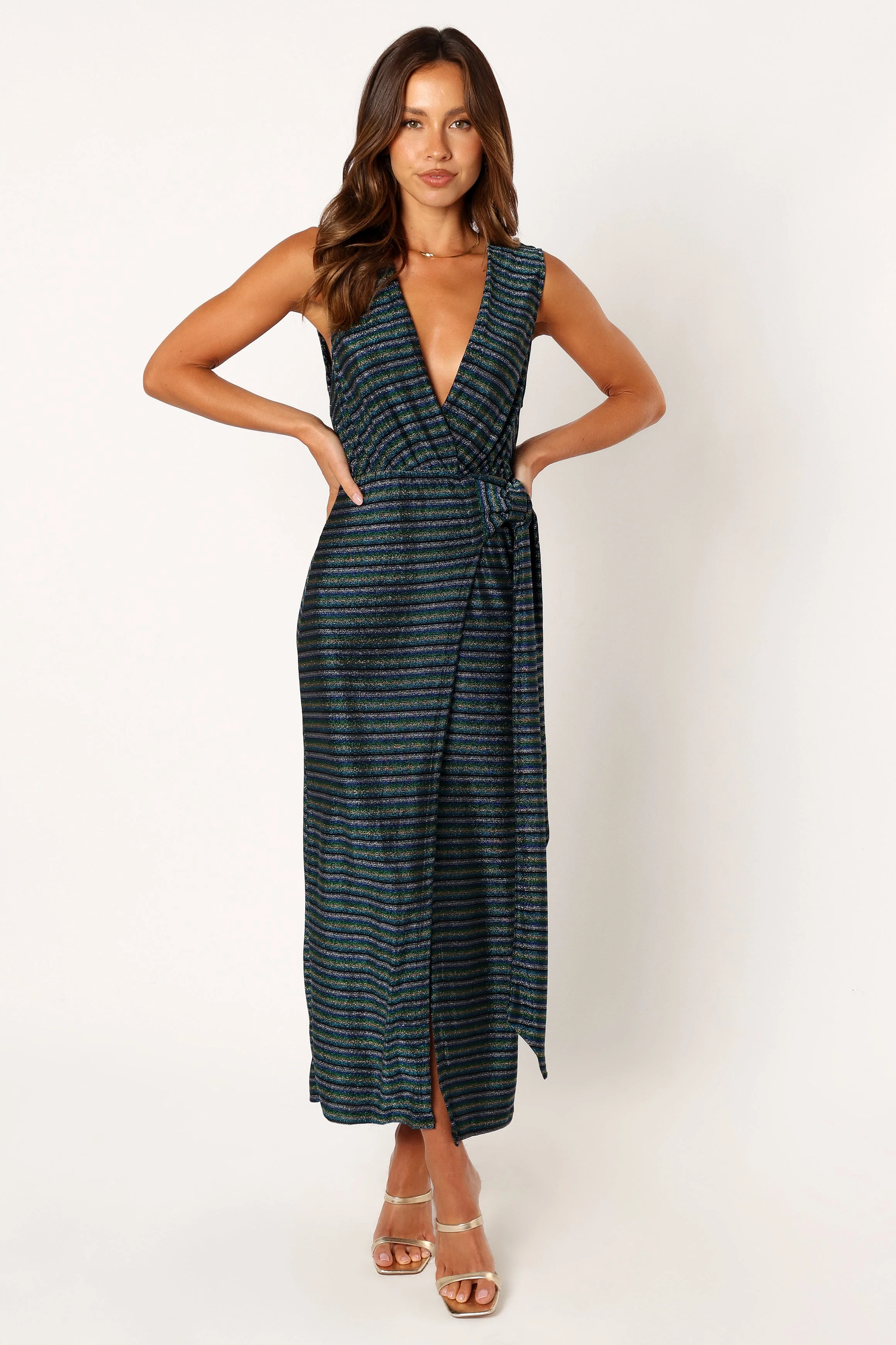 Tahlia Wrap Midi Dress - Blue Gold Stripe