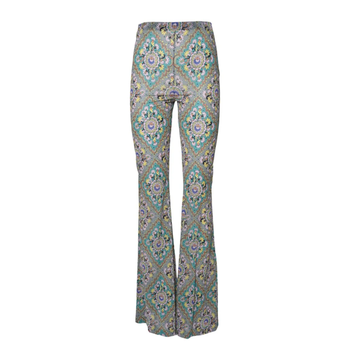 Green Viscose Flare Pants Floral Medallion Print