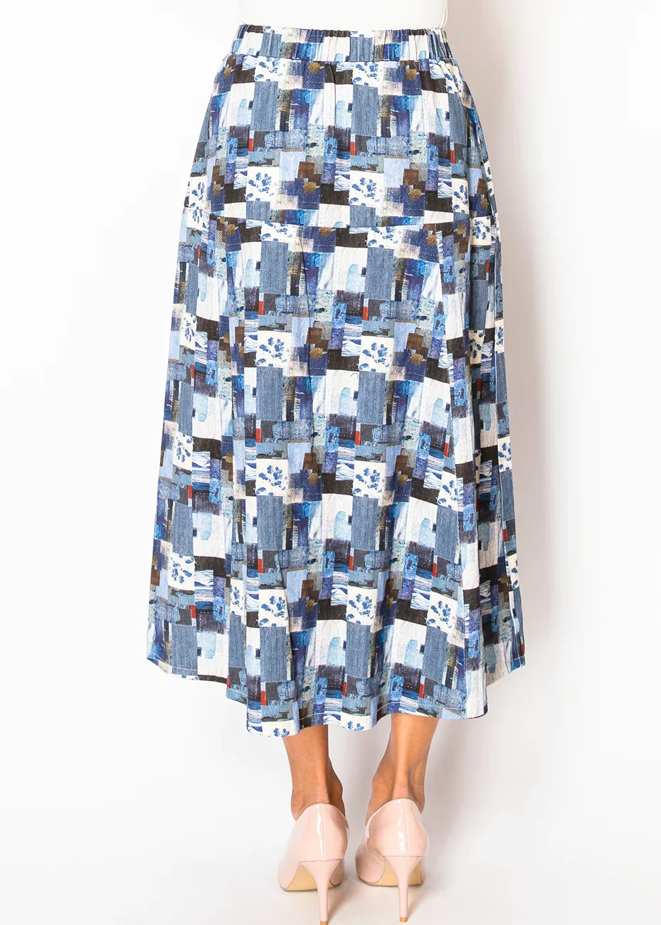 Abstract Patchwork Blue Midi Skirt