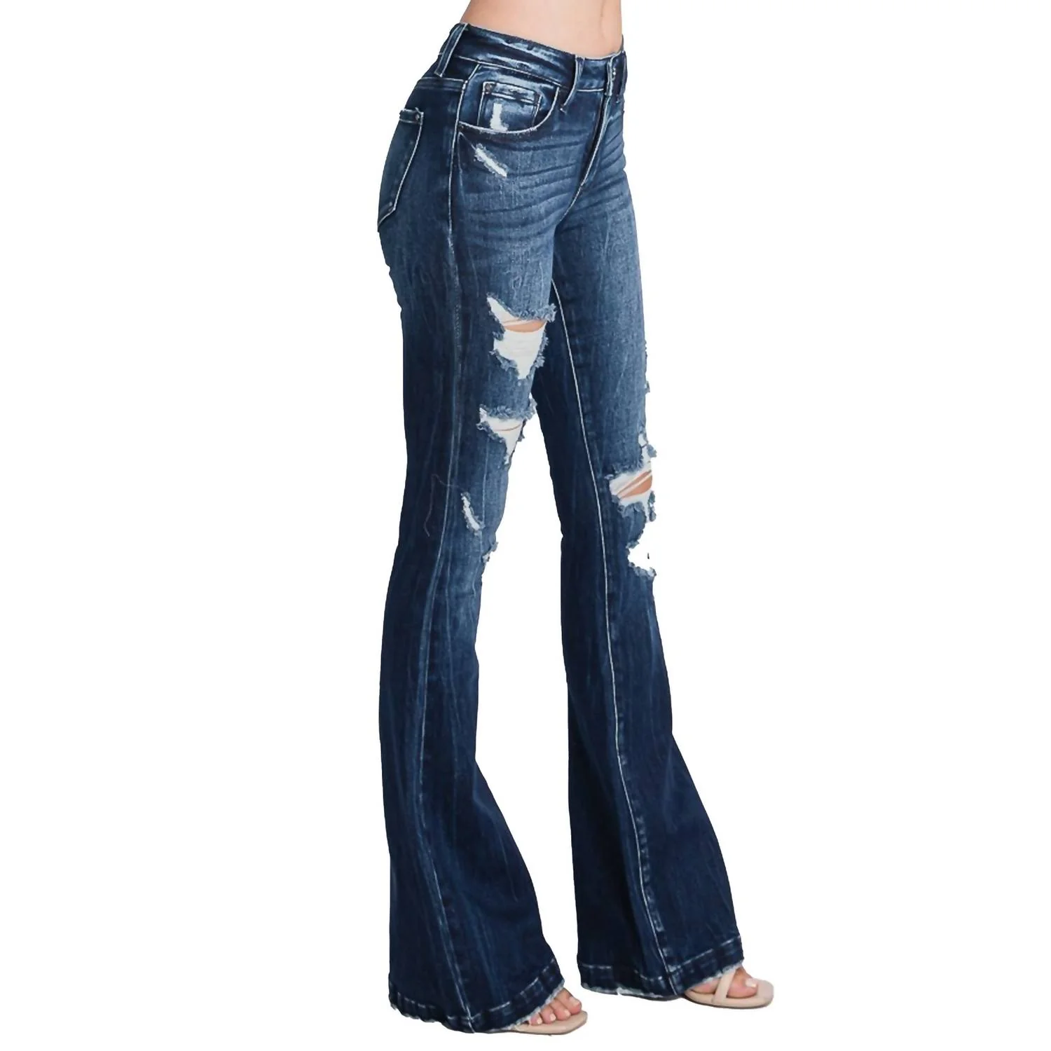 Katie Mid Rise Stretch Flare With Trouser Hem In Dark Wash