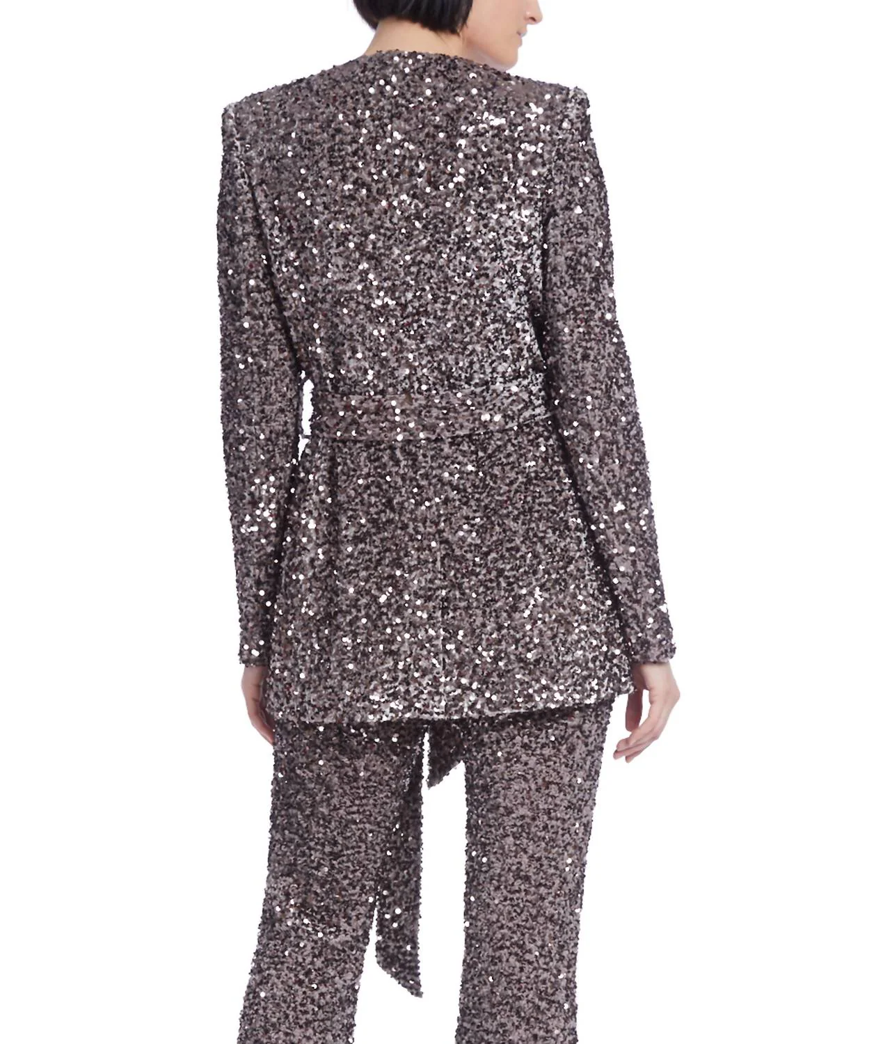 Sequin V-Neck Wrap Jacket And Pants In Gray