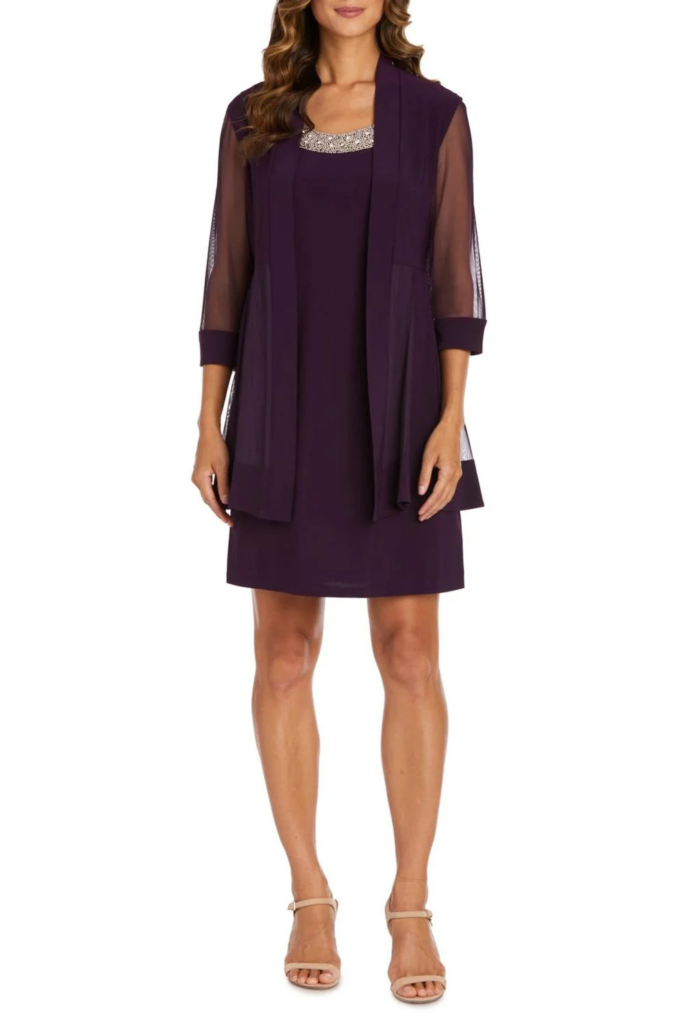 3/4 Sleeve Embellished Jacket & Dress Set In Plum