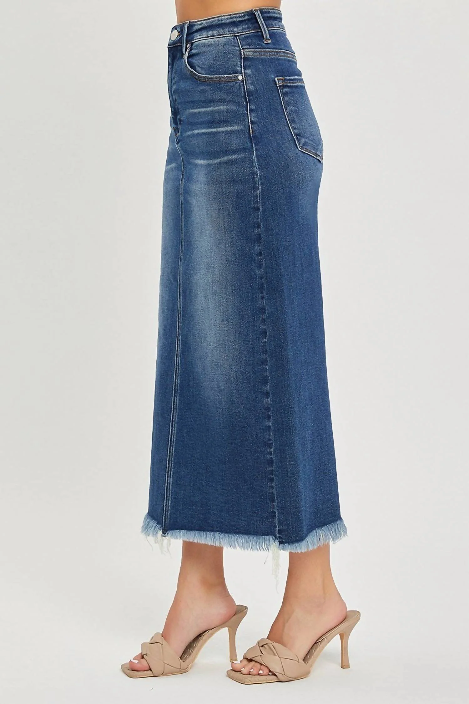 High Rise Frayed Long Pencil Skirt In Dark Wash