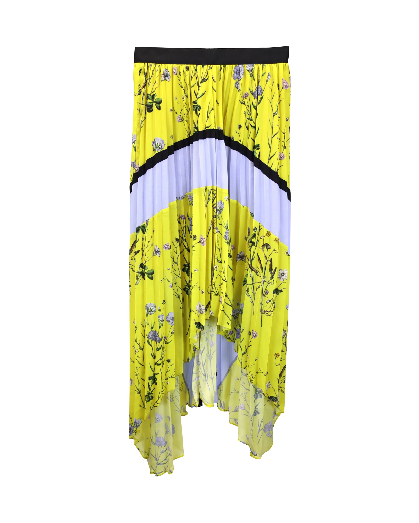 Self-Portrait Asymmetric Pleated Printed Crepe De Chine Midi Skirt In Yellow Polyester
