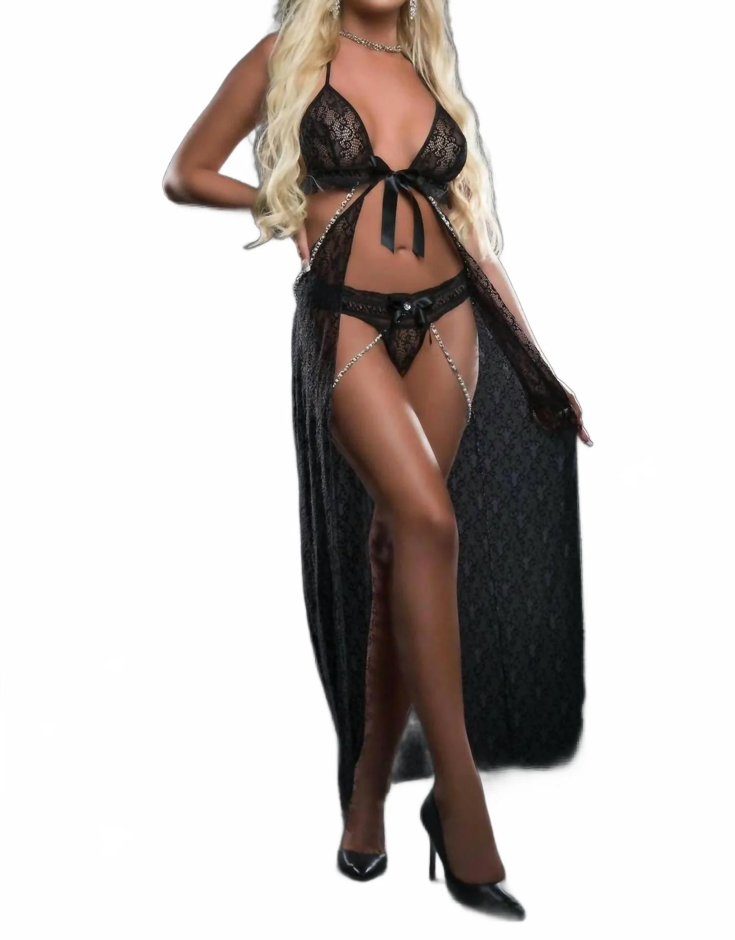 Pearl Chain Flyaway Nightgown In Black