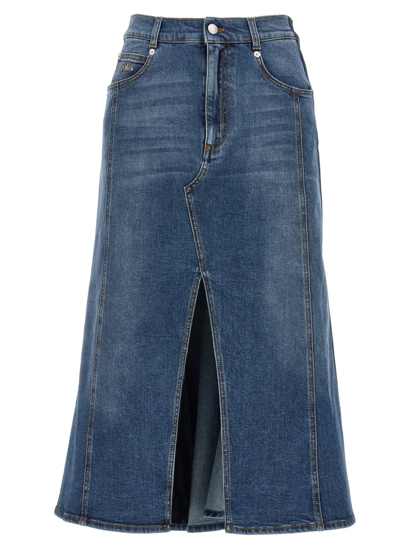 Half-Wheel Midi Denim Skirt With Front Split