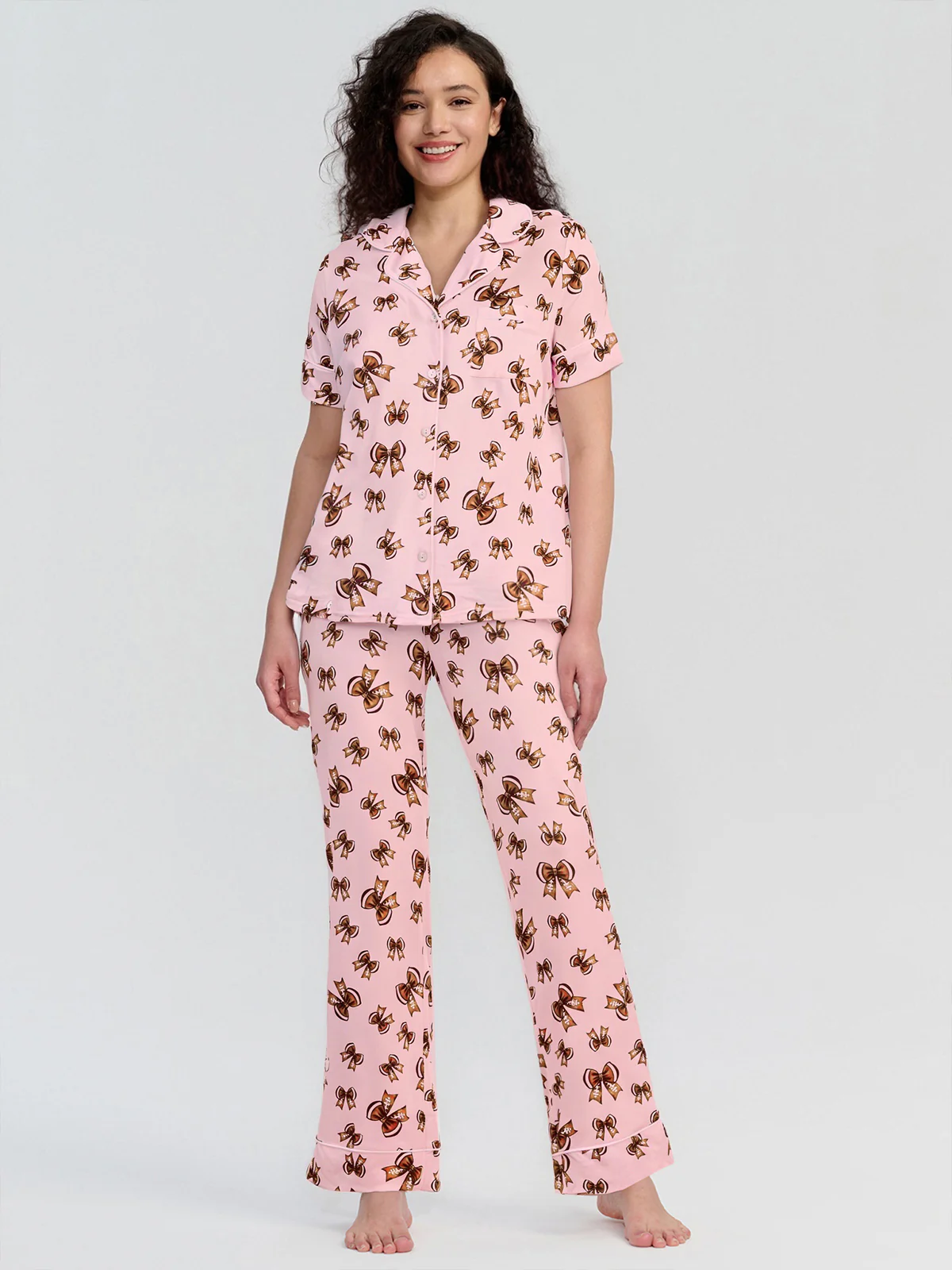 Bow Print Short Sleeve Pajamas Set