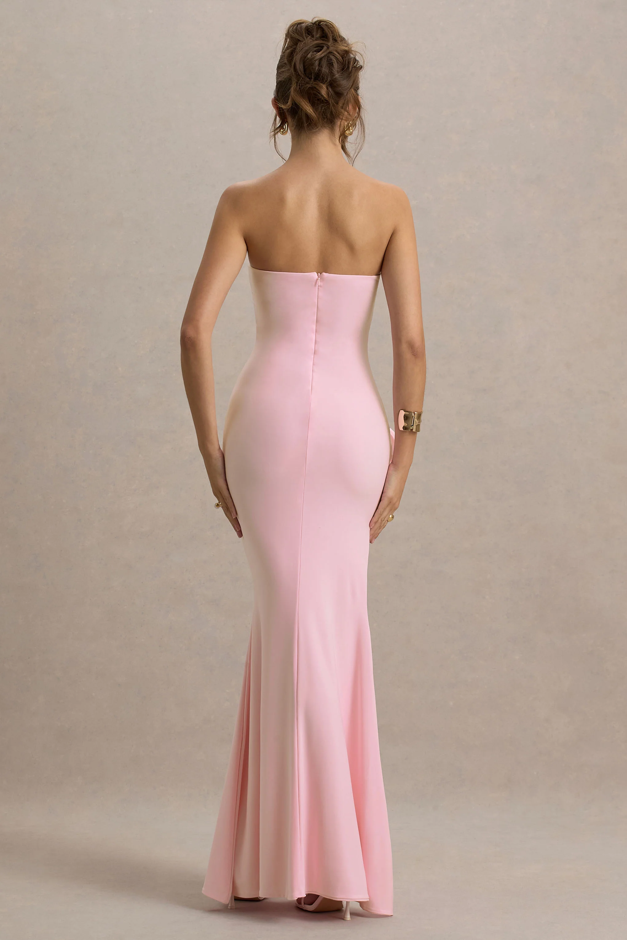 My Muse | Pink Ruched Bandeau Split Maxi Dress With Flowers