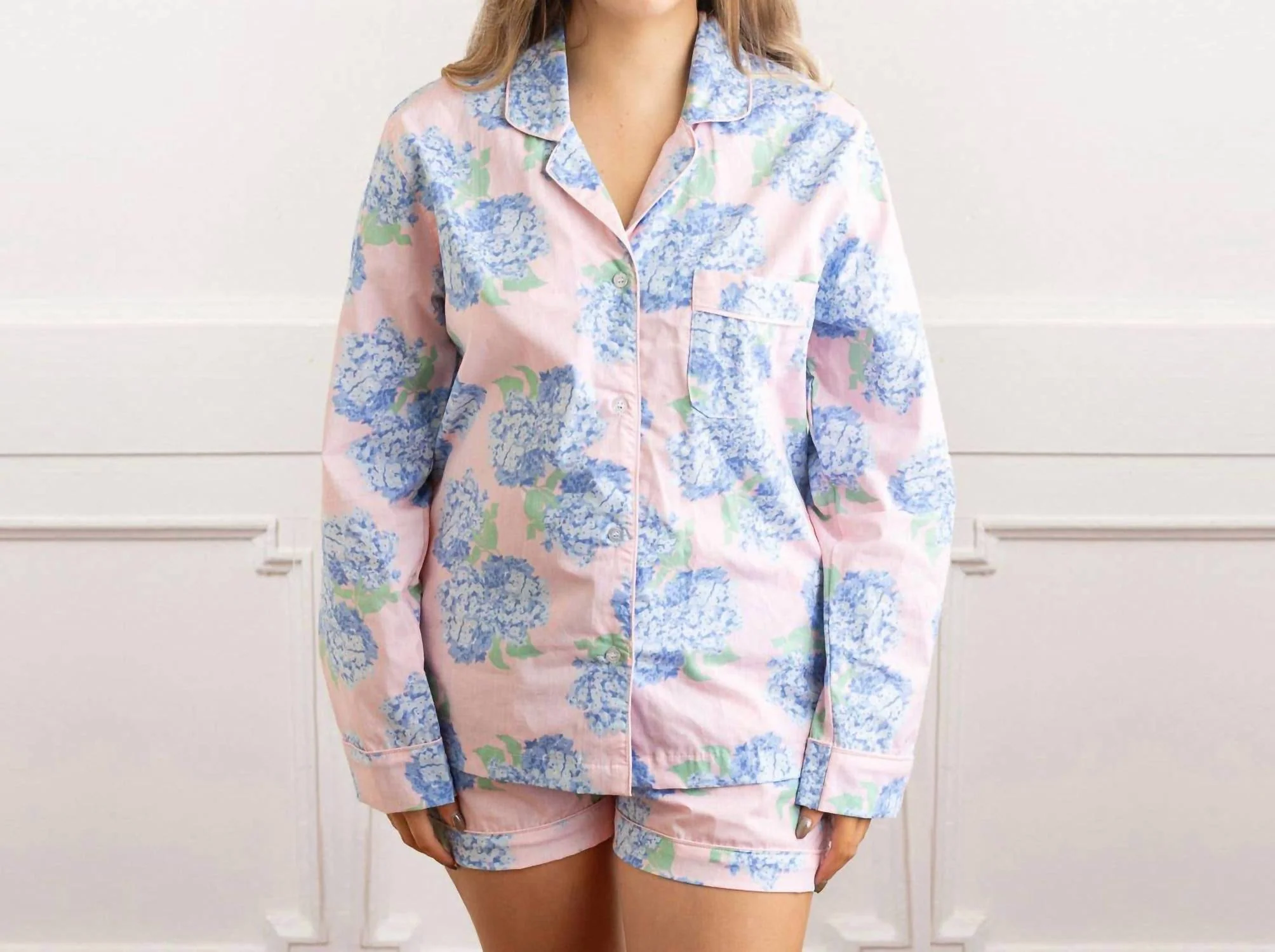 Hydrangea Pj Set With Shorts & Long Sleeve Top In Pink